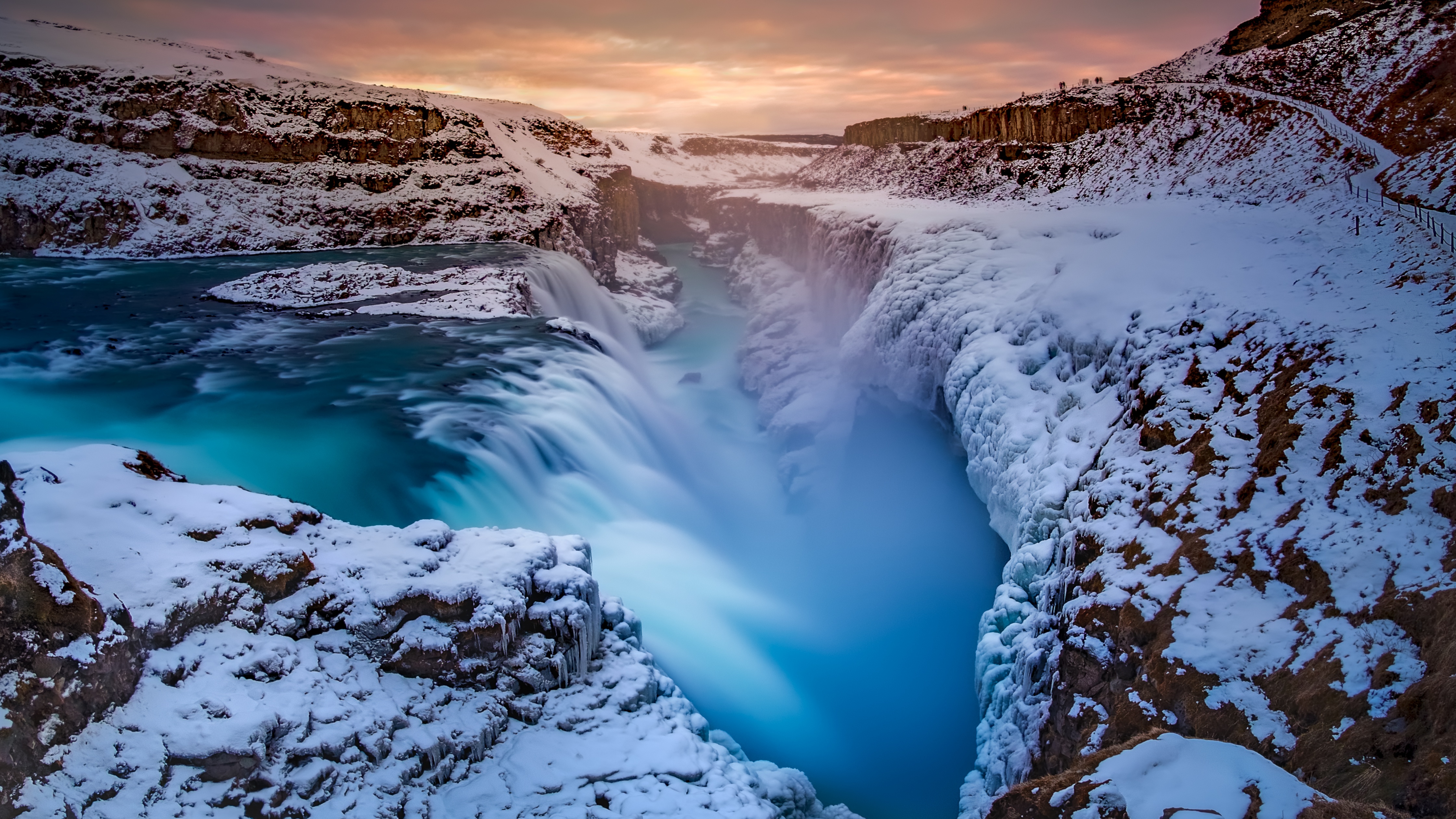 Waterfall Wallpaper 4K, Winter, River, Iceland, Long exposure, 5K, Nature