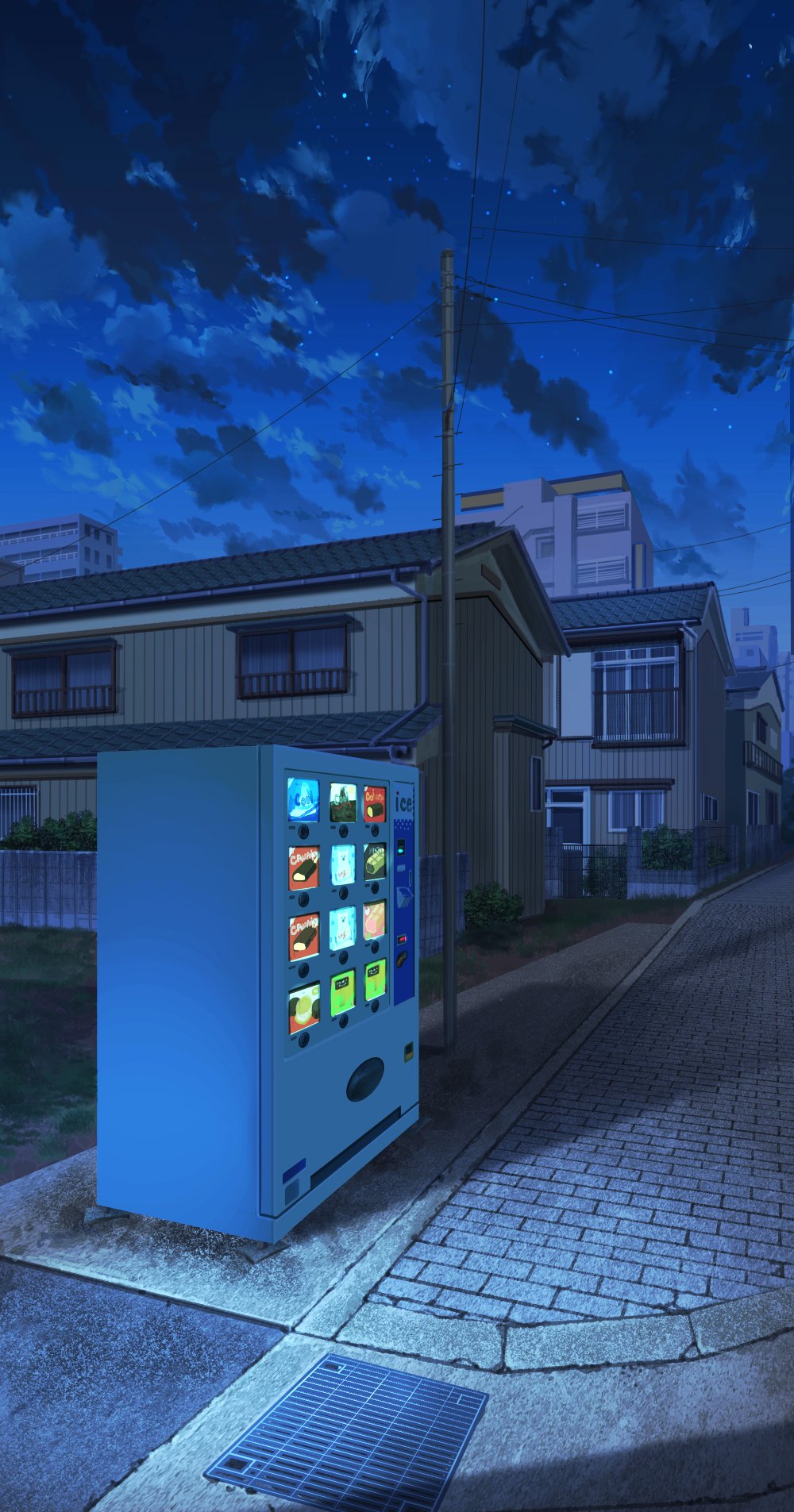 Anime Landscape: Lonely vending machine on street background