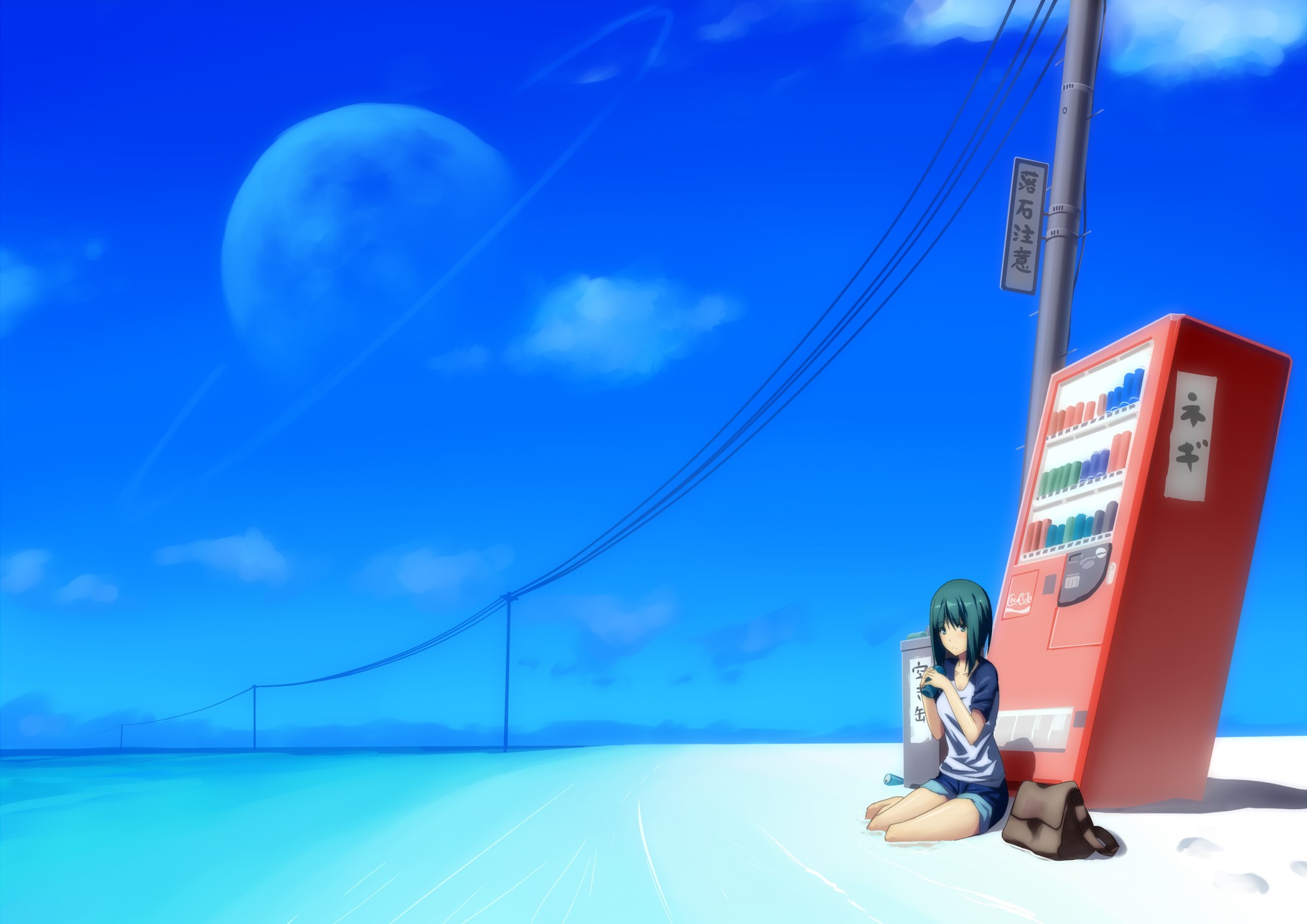Wallpaper, anime girls, planet, sky, blue, wind, planetary rings, sailing, vending machine 2000x1414