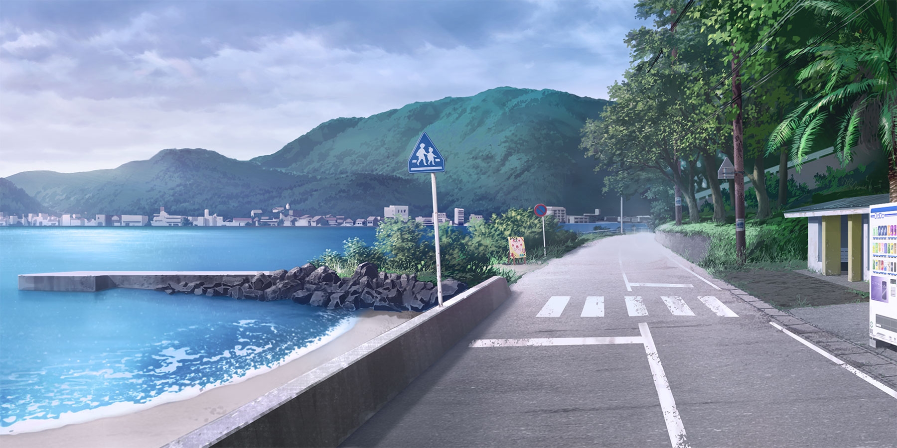 Landscape Anime Street Sign Coast Japan Vending Machine Mountains Road Wallpaper:1800x900