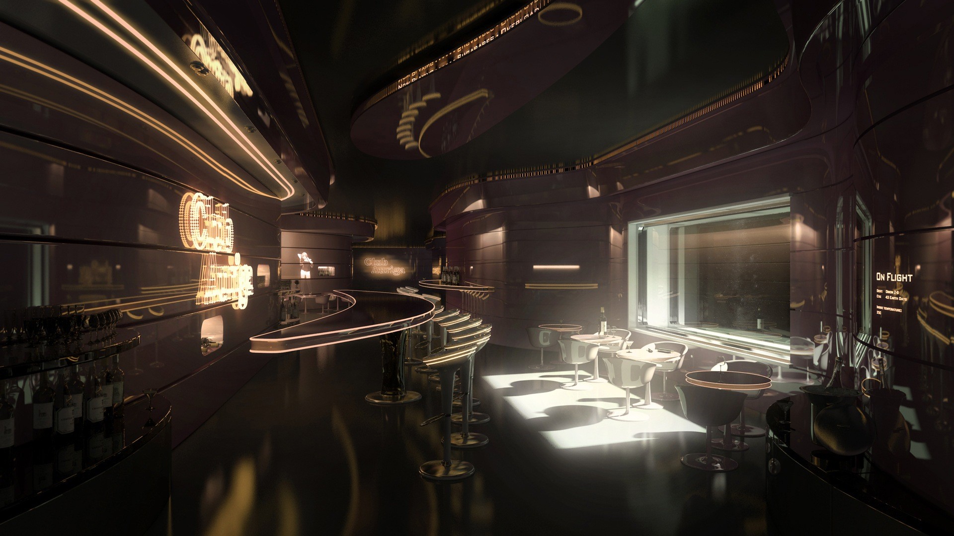 Wallpaper, futuristic, bar, interior design, lighting, stage, darkness, screenshot 1920x1080