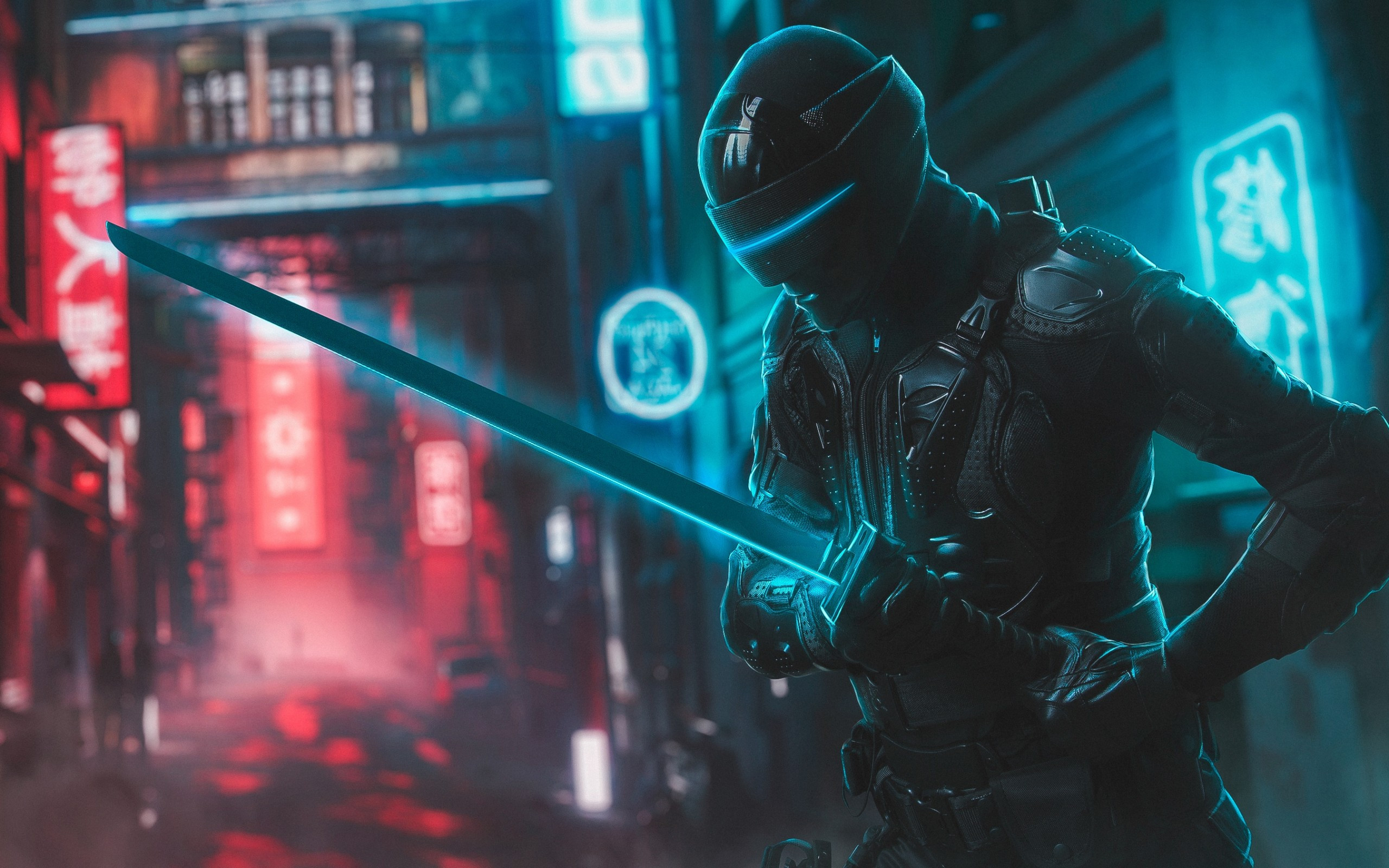 Download 2560x1600 Futuristic Character, Neon Streets, Sword, Mask Wallpaper for MacBook Pro 13 inch