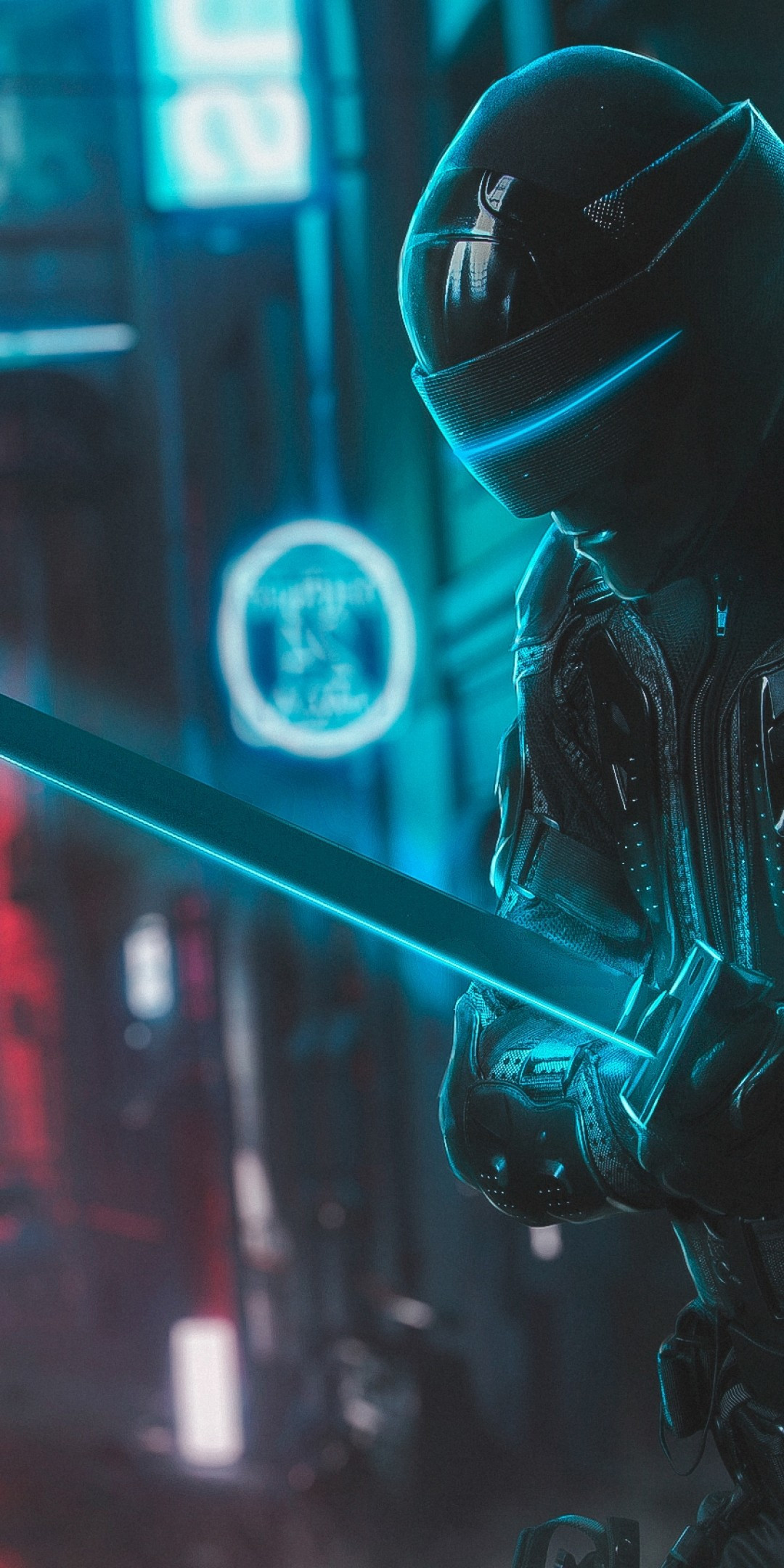Download 1080x2160 Futuristic Character, Neon Streets, Sword, Mask Wallpaper for Huawei Mate 10