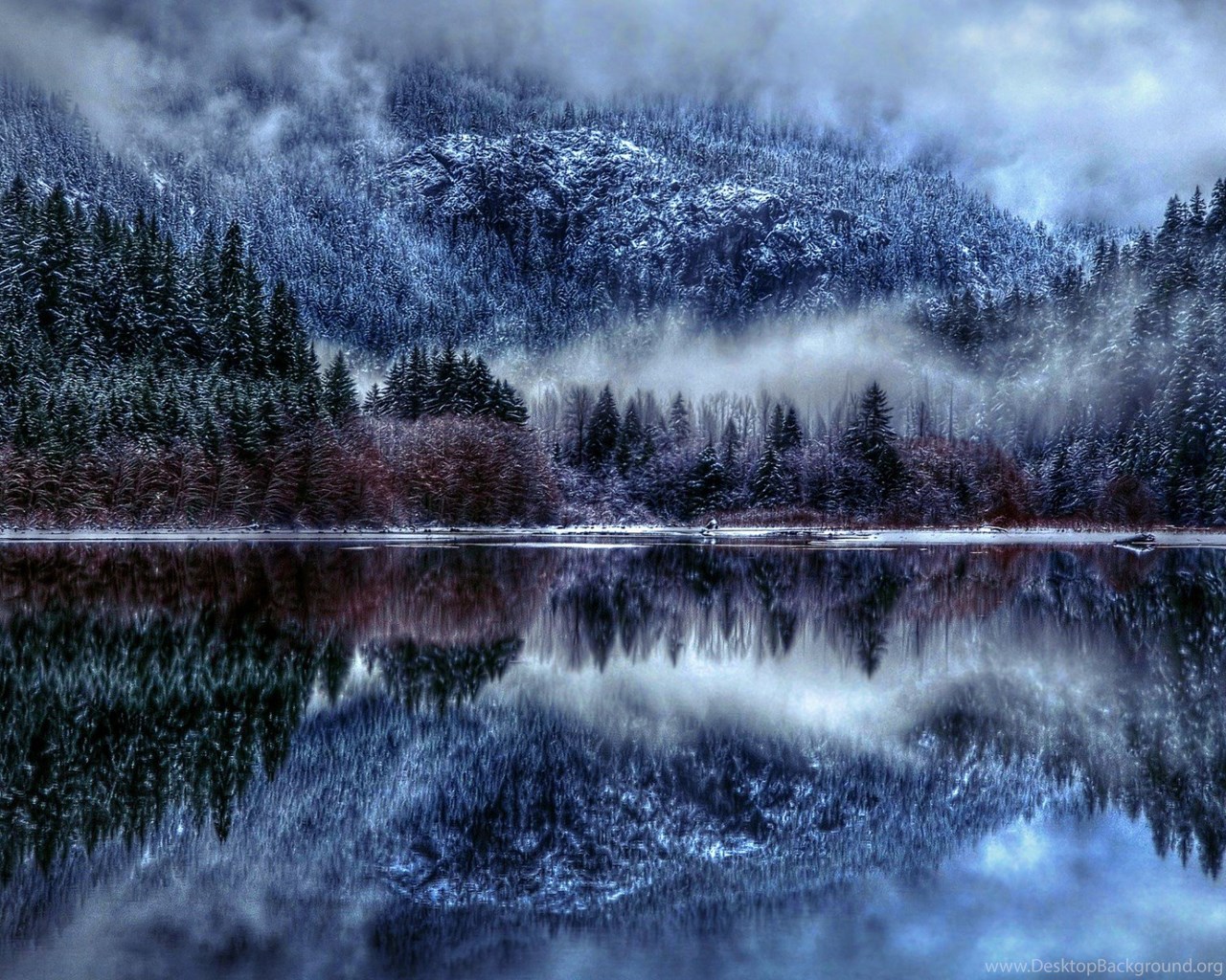 Nature Winter Lake Snow Fog Reflection Clouds Mountains Wallpaper. Desktop Background