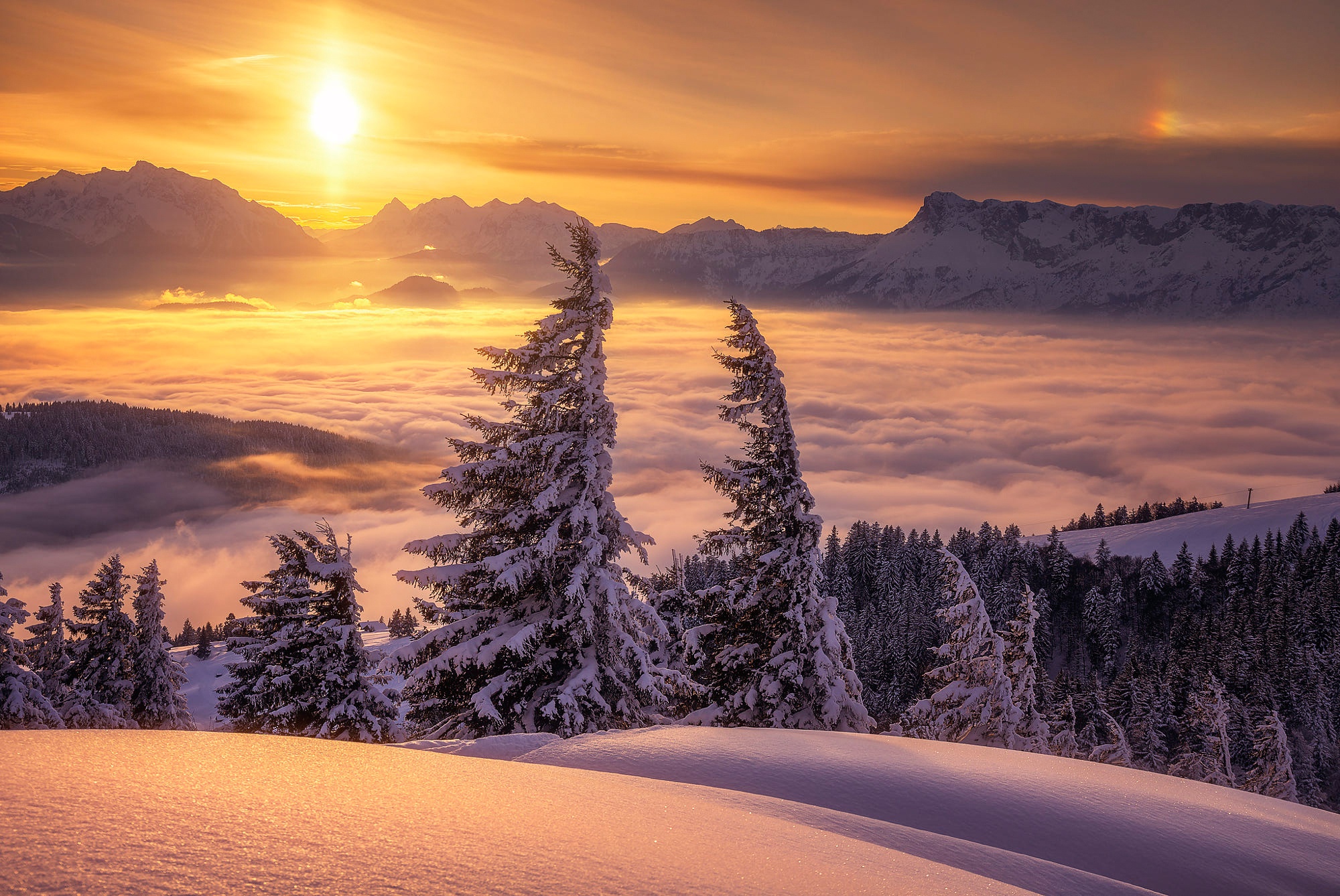 Fog Landscape Mountain Nature Snow Sun Winter Wallpaper:2000x1338