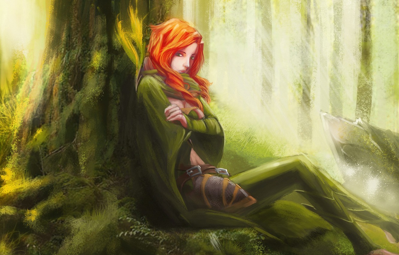 Wallpaper forest, girl, art, red, sitting, DOTA windrunner image for desktop, section фантастика