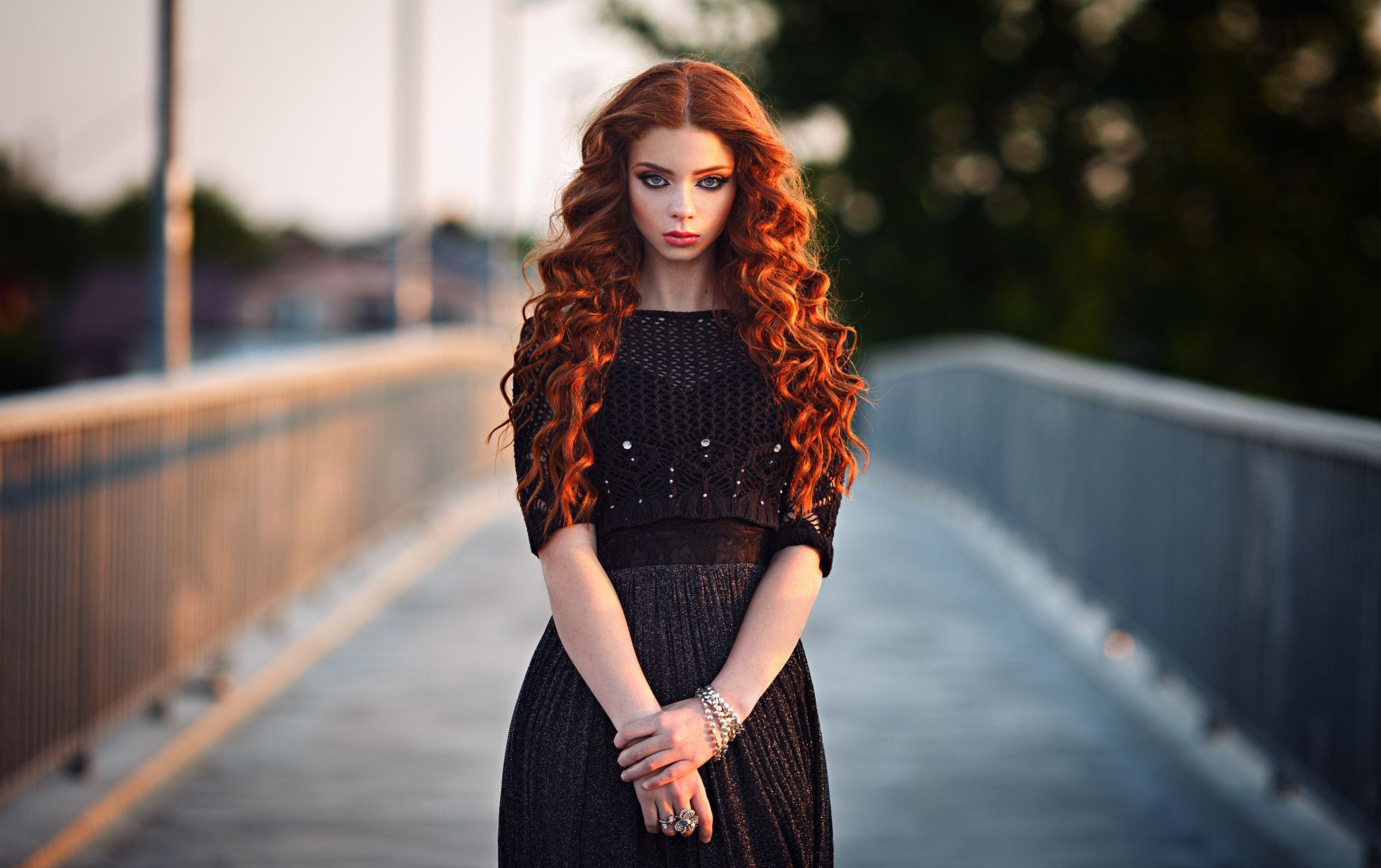 Long Hair, Model, Woman, Blue Eyes, Redhead, Girl, Depth Of Field, Black Dress, Lipstick wallpaper
