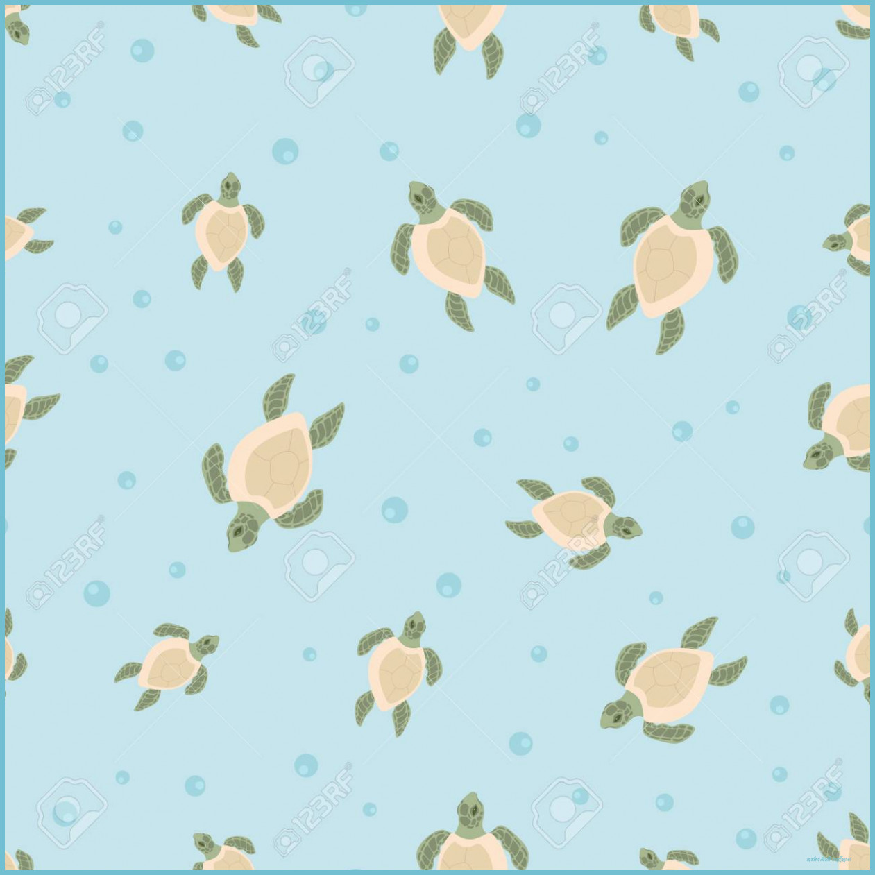 Seamless Pattern With Cute Turtles In Blue Water With Air Bubbles