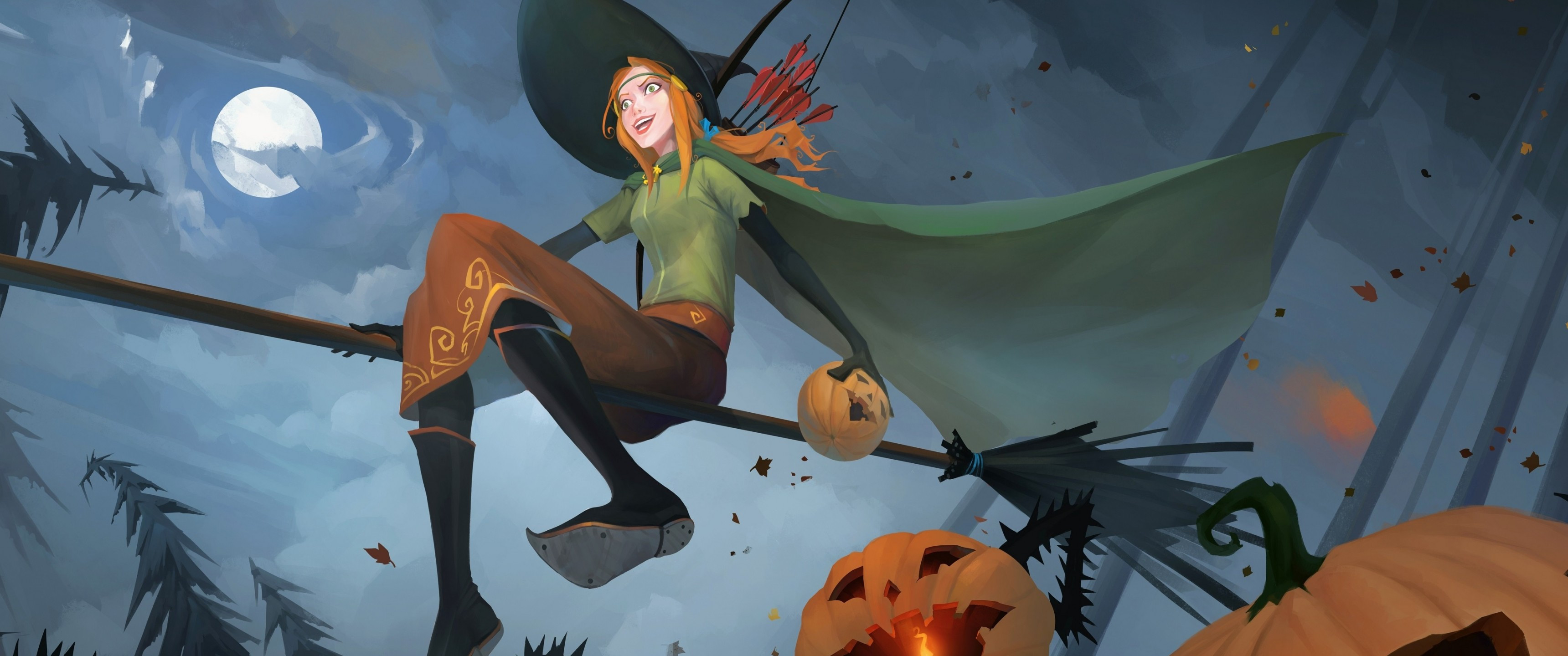 Download 3440x1440 Halloween, Witch, Moon, Night, Pumpkin, Arrows Wallpaper