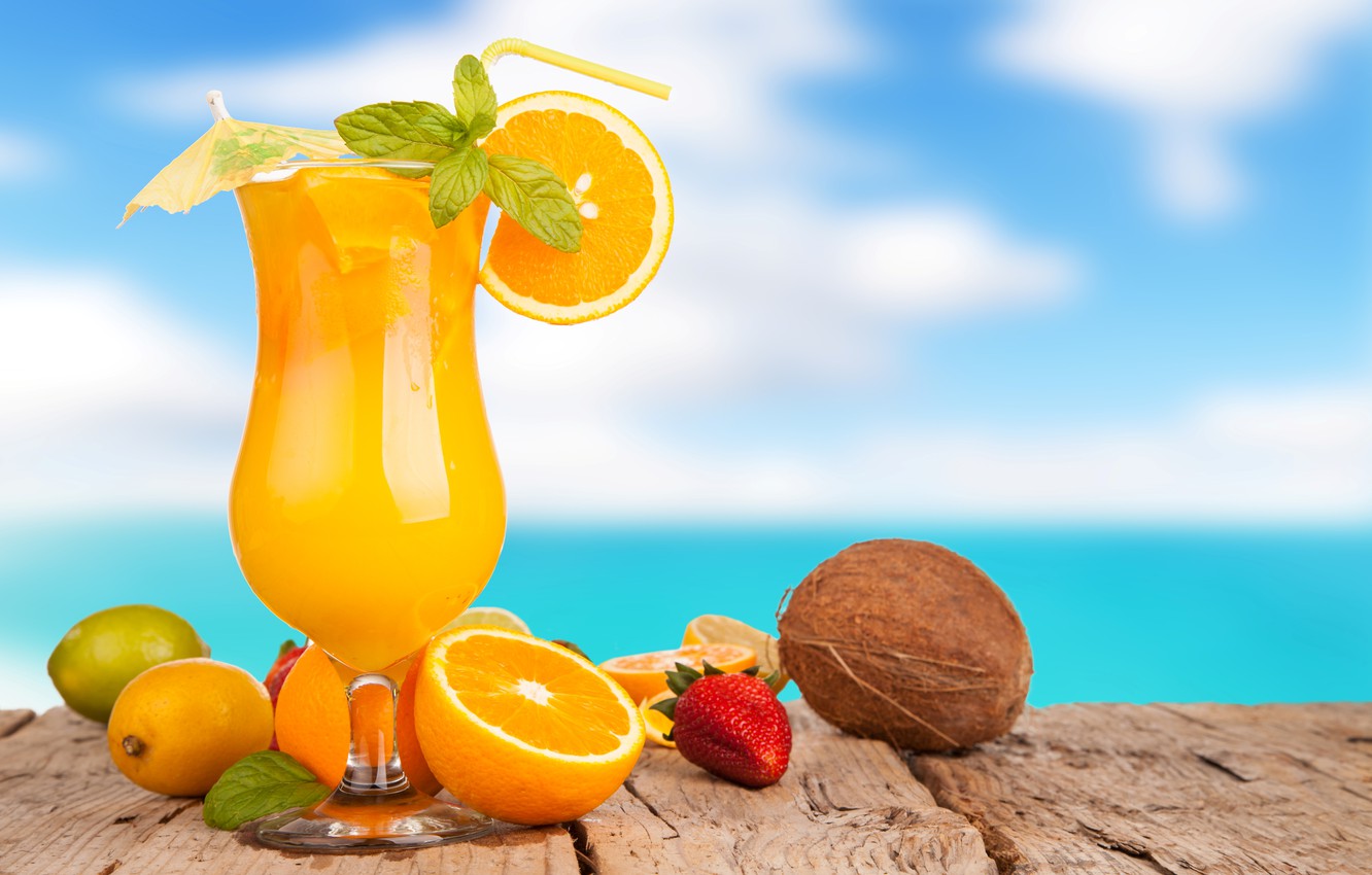 Wallpaper summer, umbrella, lemon, glass, coconut, oranges, strawberry, juice, lime, tube, drink, orange image for desktop, section еда