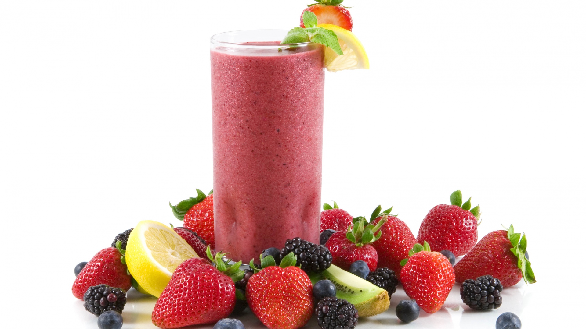Download Wallpaper 1920x1080 juice, glass, strawberry, mulberry, lemon, white background, blueberries, pulp Full HD 1080p HD Background
