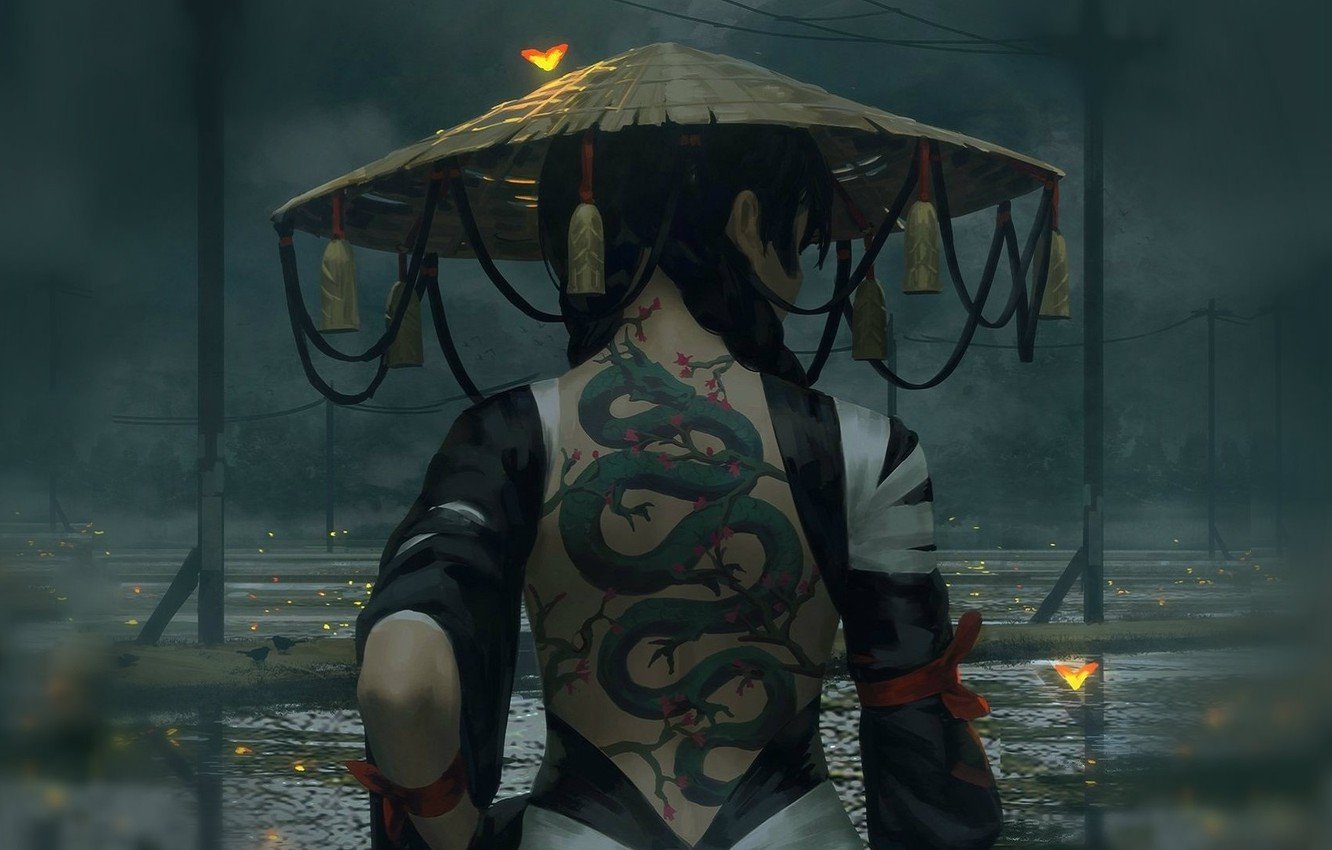 Wallpaper girl, overcast, back, puddles, ninja, grey background, art, braids, tattoo dragon, straw hat, the Yakuza, Guweiz image for desktop, section фантастика