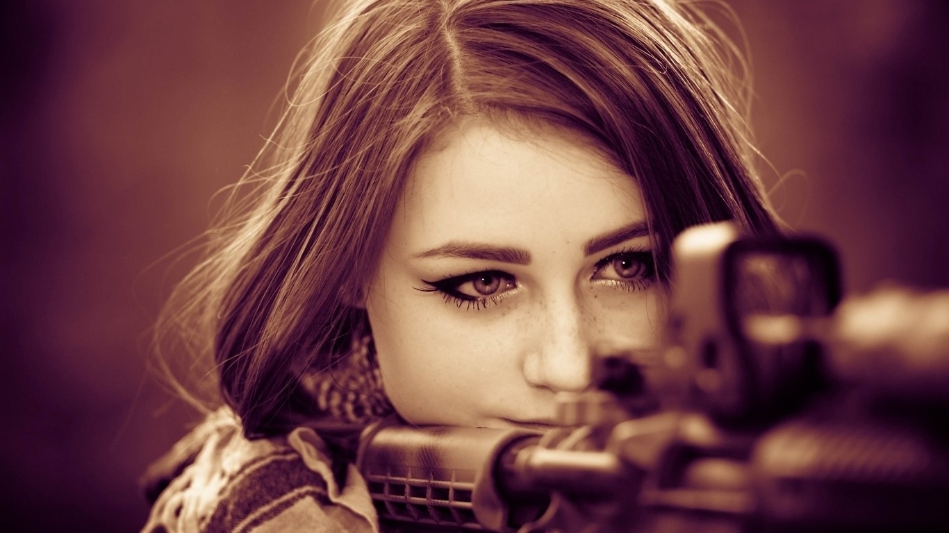 Wallpaper, face, gun, women, model, brunette, singer, closeup, fashion, Person, head, singing, army girl, color, beauty, eye, woman, lady, darkness, hairstyle, computer wallpaper, portrait photography, photo shoot, brown hair, close up
