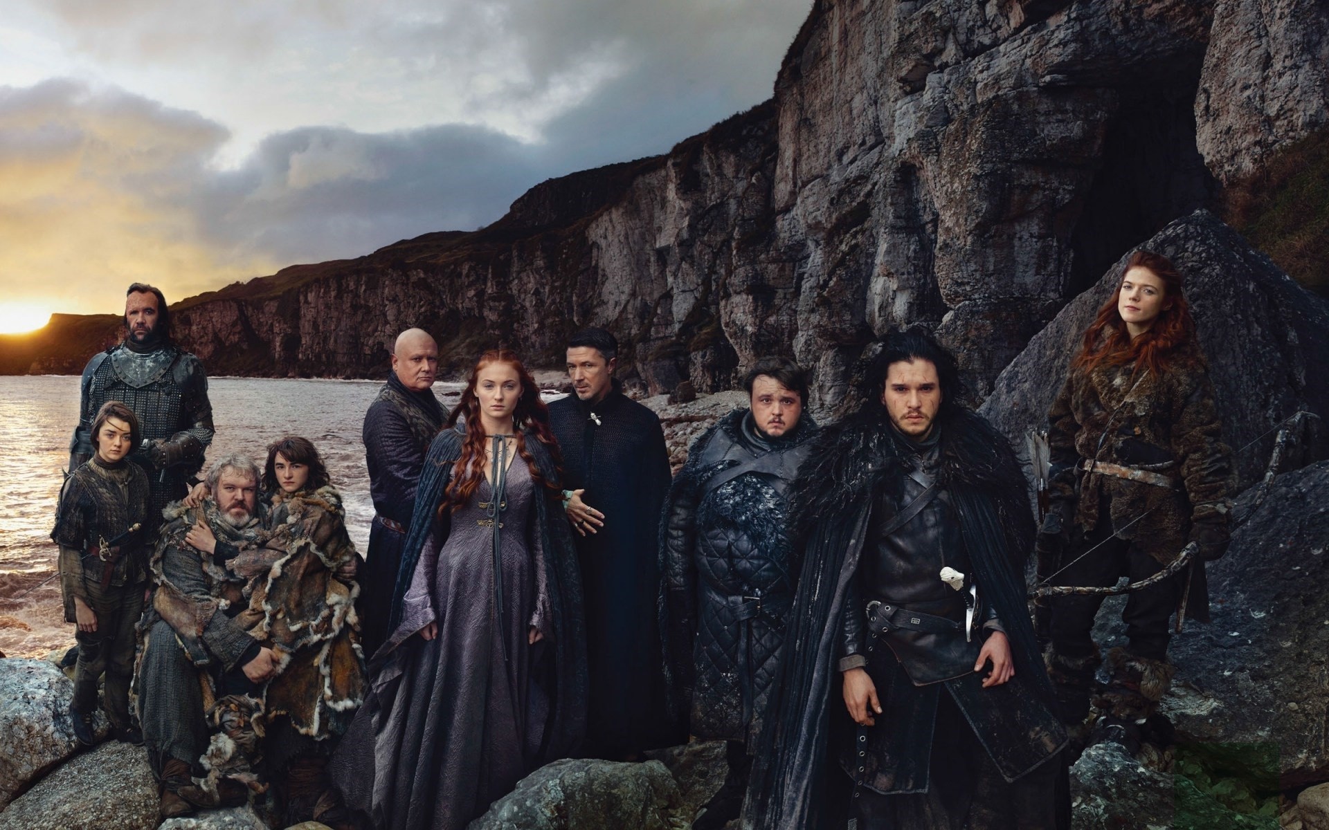 Wallpaper, Game of Thrones, Jon Snow, Sansa Stark, Ygritte, Samwell Tarly, Hodor, Sandor Clegane, Maisie Williams, Arya Stark, Sophie Turner, Bran Stark, Petyr Baelish, TV, redhead, women, men, varys 1920x1200