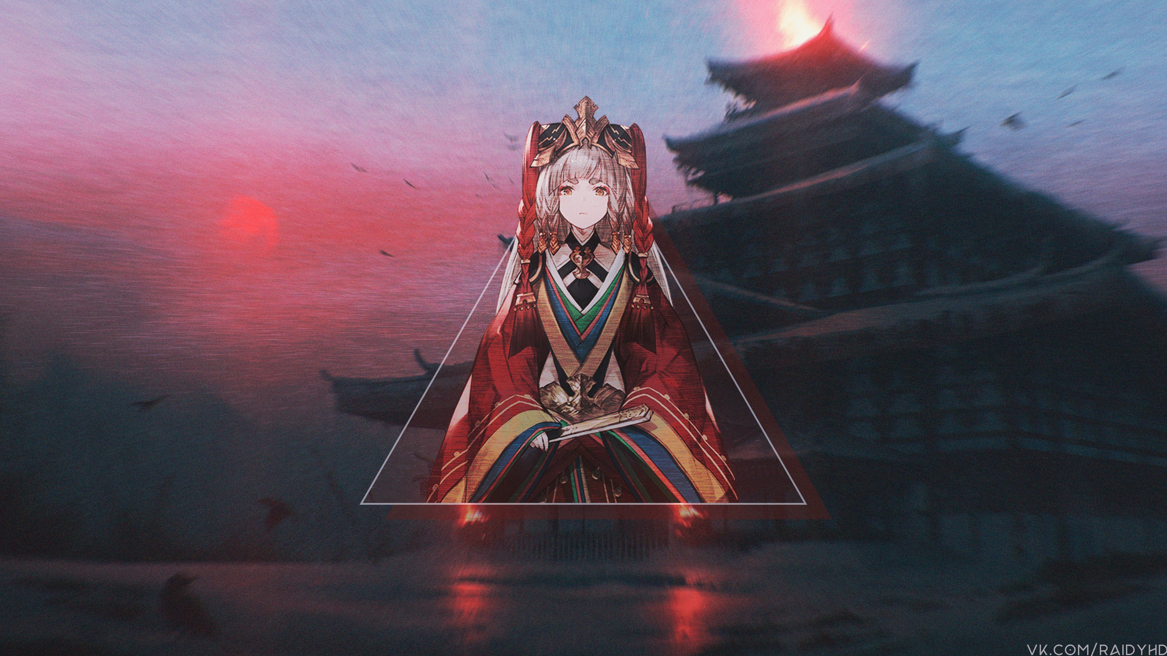 Wallpaper, anime girls, picture in picture, red, Red moon, temple 3840x2160