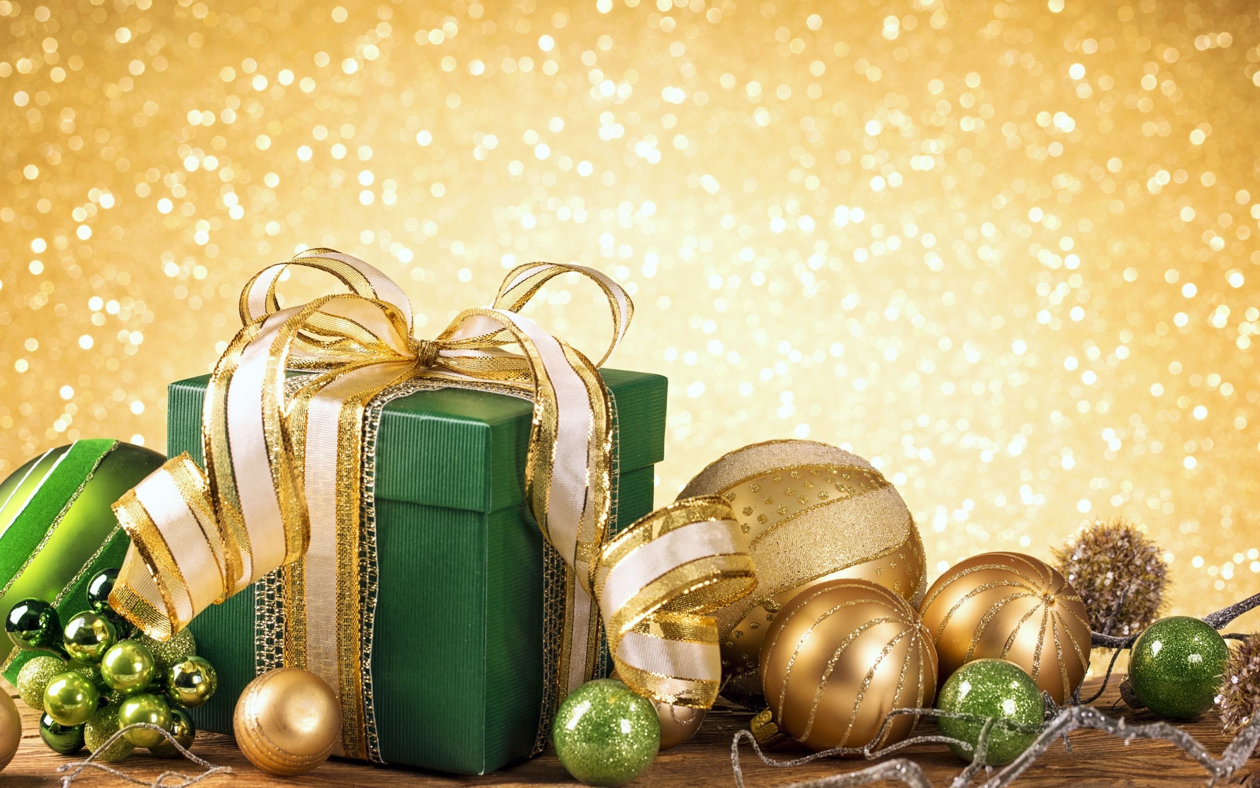 Download wallpaper merry christmas, Christmas decorations, Christmas gift, gold balls for desktop with resolution 2560x1600. High Quality HD picture wallpaper