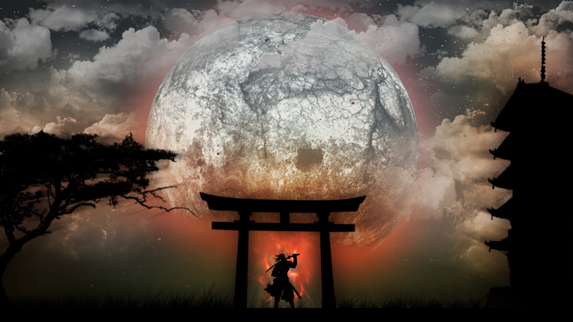japan moon samurai drawings 1920x1080 wallpaper
