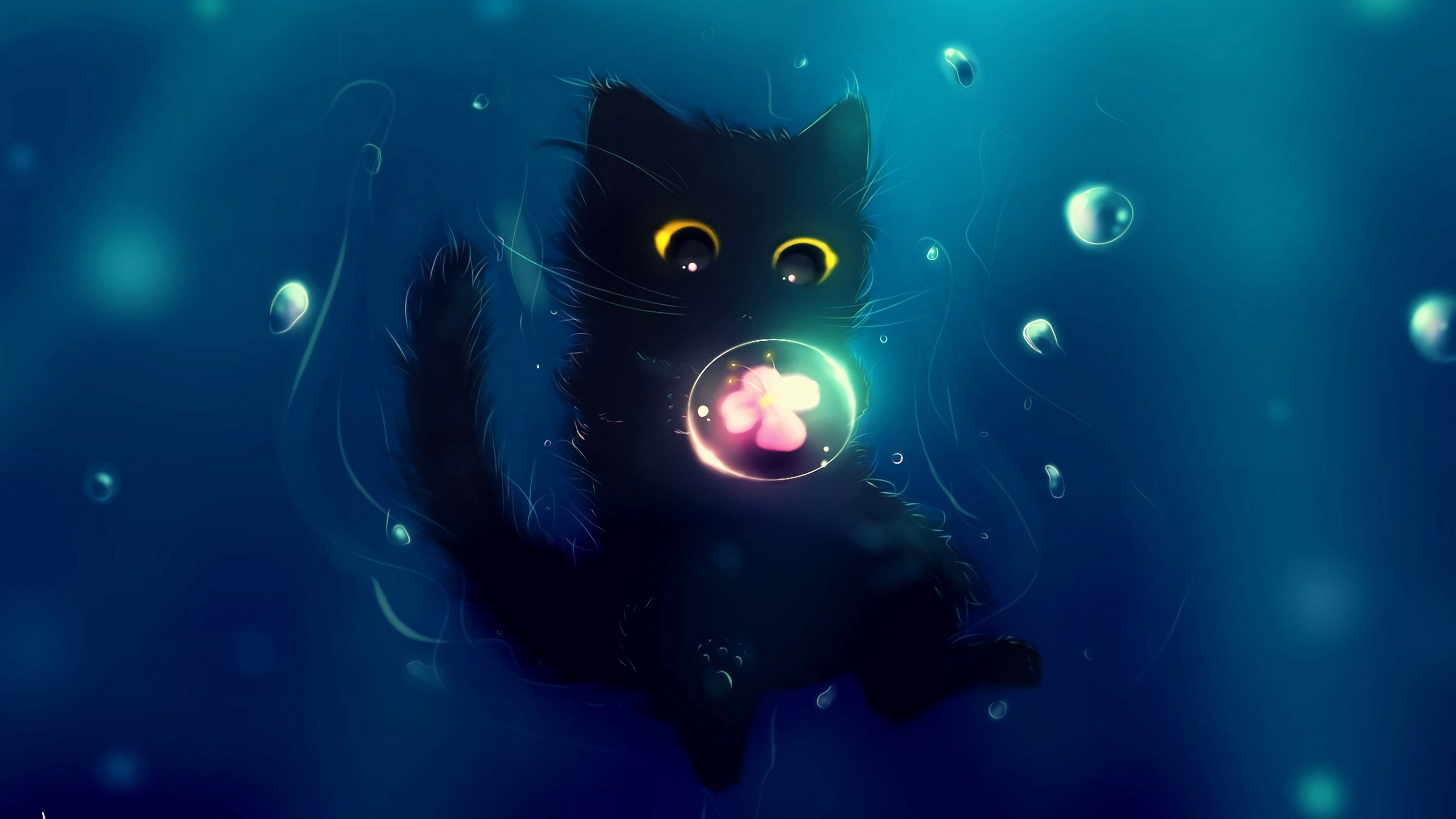 pisici, cat, pink, blue, sky neko, underwater, bubble, luminos, water drop, black, fantasy, flower, eyes