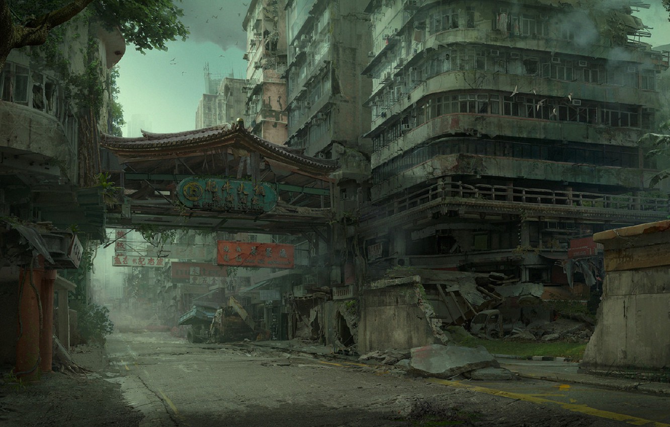 Wallpaper ruins, postapocalyptic, Hong Kong, the ruined city, in the dark, deserted city, postapocalyptic, abandoned area, destroyed buildings, by Daniel Romanovsky image for desktop, section фантастика