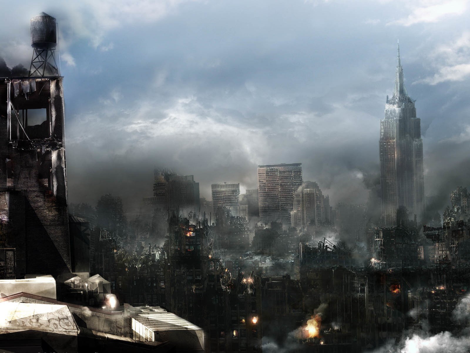 digital art, city, cityscape, building, apocalyptic, ruin, snow, skyline, skyscraper, evening, morning, tower, metropolis, haze, spire, cloud, downtown, fog, weather, landmark, urban area, atmospheric phenomenon, atmosphere of earth, human