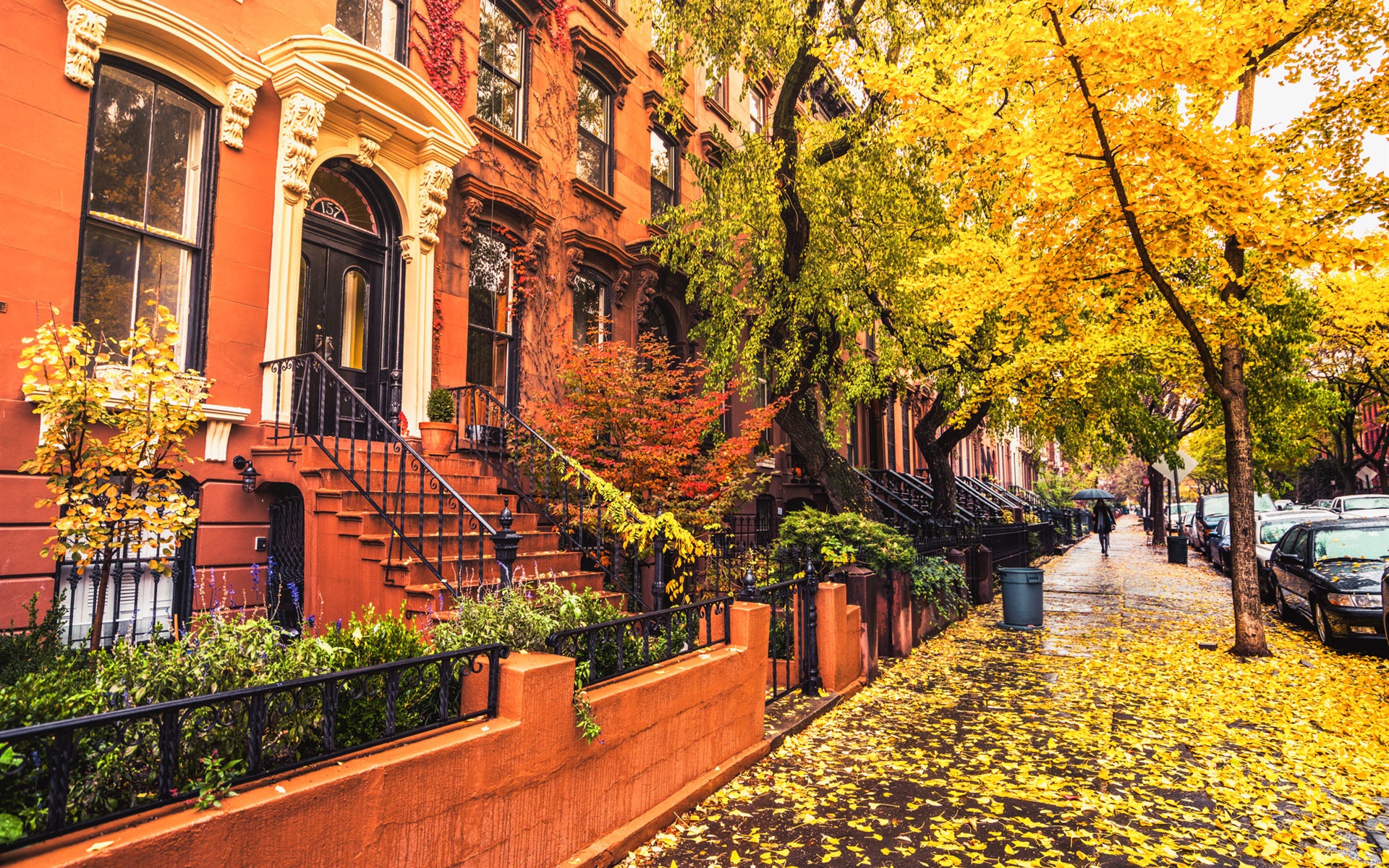 Wallpaper Brooklyn, city, houses, sidewalk, autumn, trees, leaves, rain, USA 1920x1440 HD Picture, Image