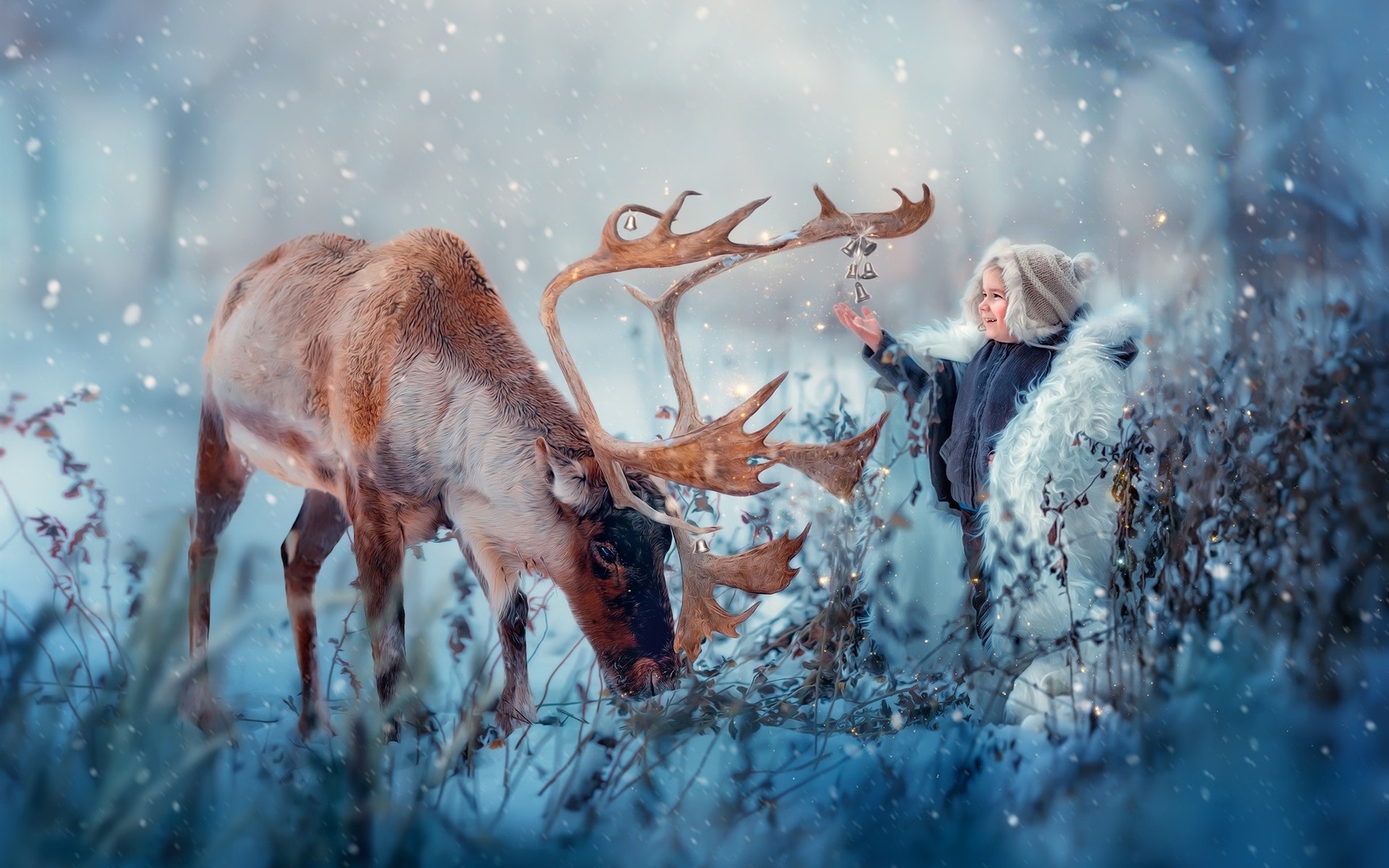 Wallpaper Cute child and deer in the winter 1920x1200 HD Picture, Image