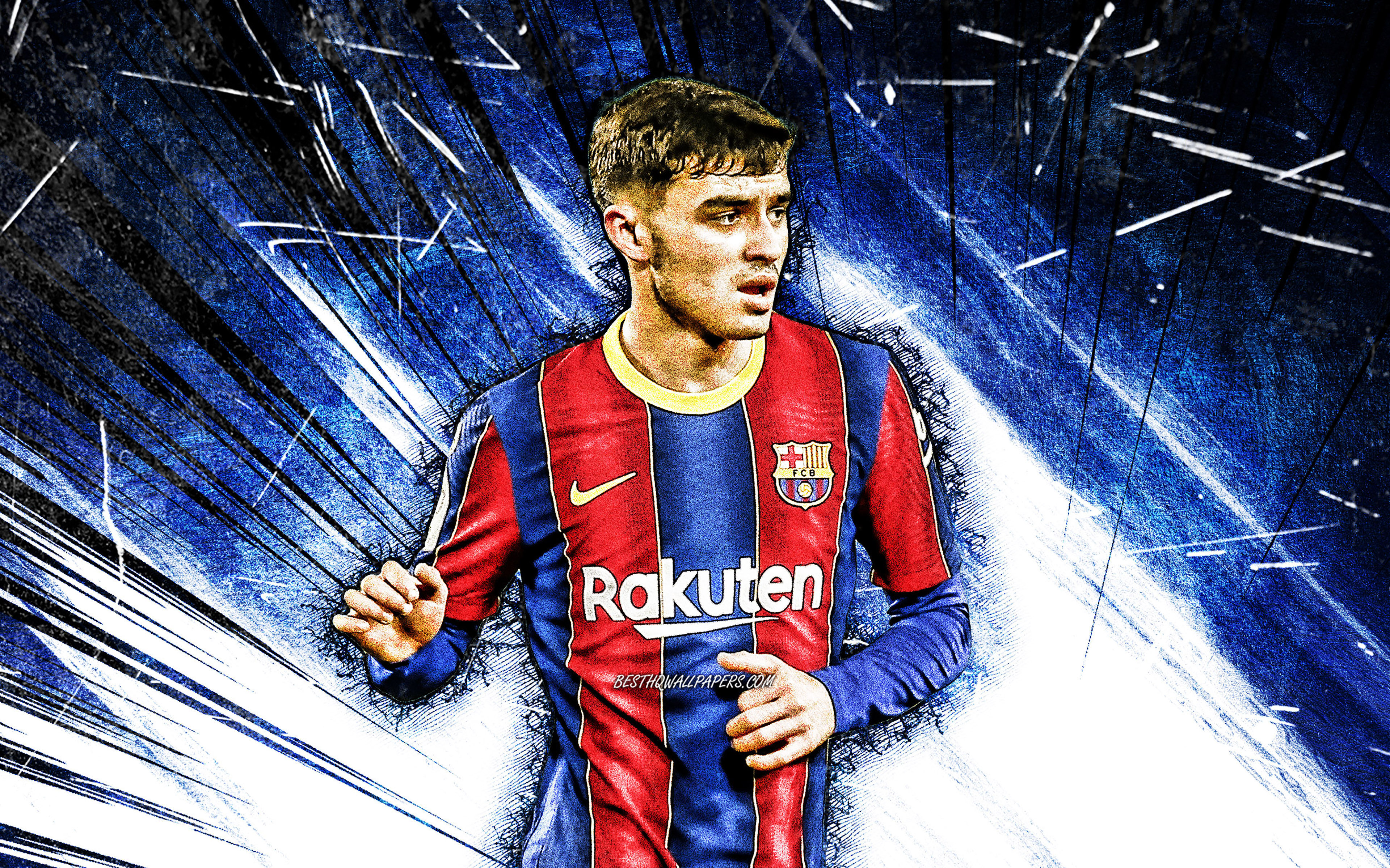 Download wallpaper 4k, Pedri, grunge art, Barcelona FC, 2021, spanish footballers, LaLiga, Pedro Gonzalez Lopez, Barca, football, Pedri 4K, blue abstract rays, soccer, Pedri Barcelona, La Liga, FCB for desktop with resolution