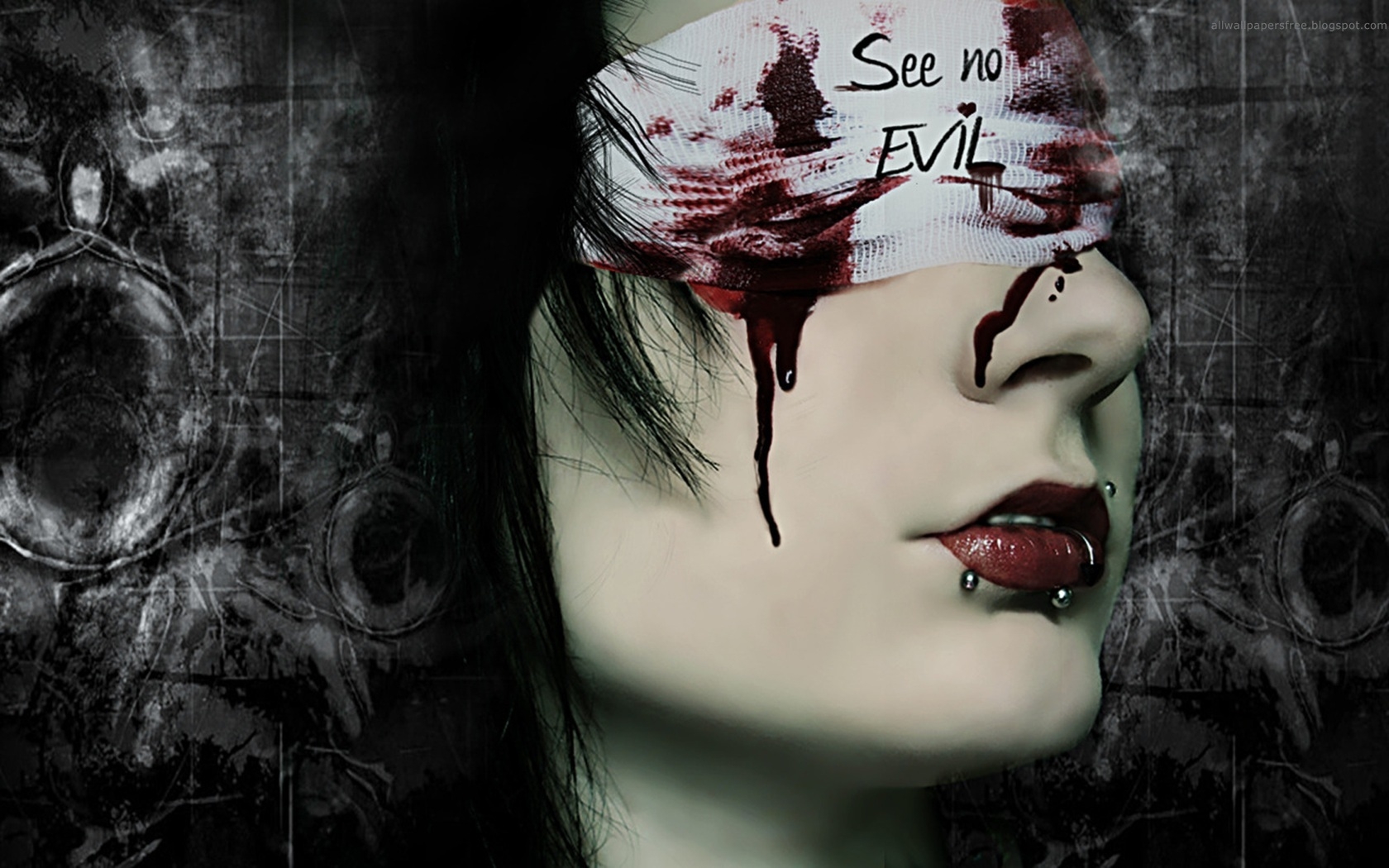 Wallpaper, face, black, illustration, monochrome, portrait, blood, piercing, bandage, Person, head, ART, color, girl, woman, darkness, goth subculture 1680x1050