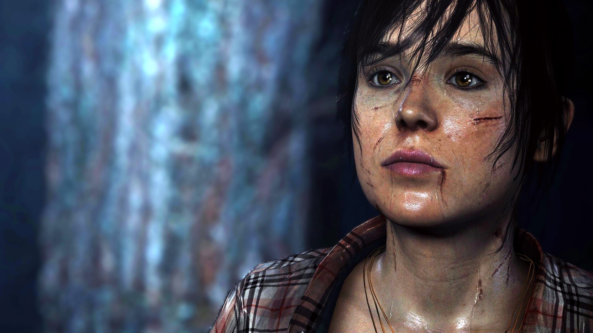 Wallpaper, face, model, portrait, eyes, brunette, shirt, blood, Ellen Page, head, wounds, Beyond, beauty, game, darkness, screenshot, special effects, quantic dream, juno 1920x1080