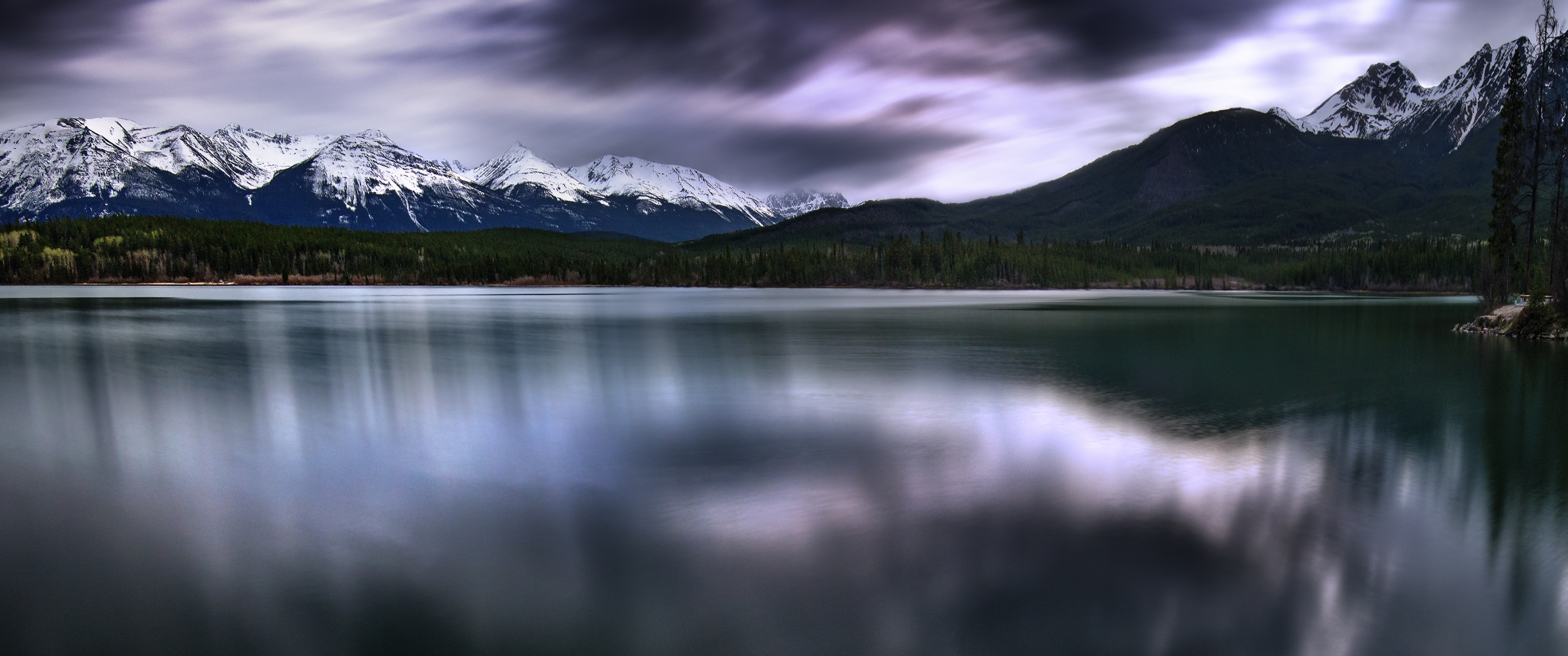 Pyramid Lake Wallpaper 4K, Canada, Dark clouds, Landscape, Long exposure, Nature