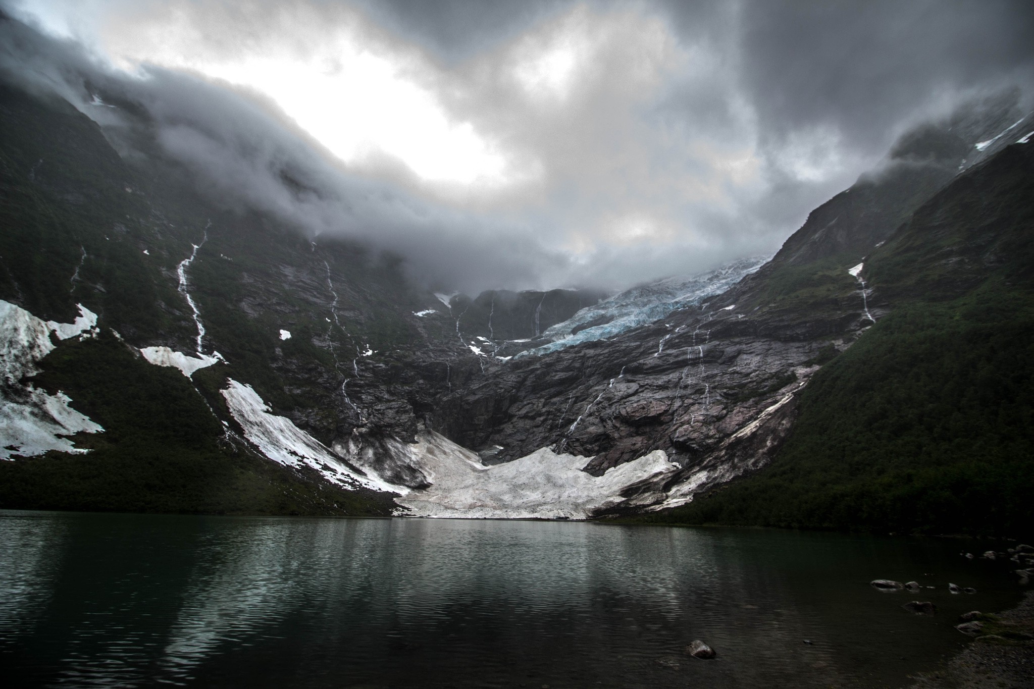 Wallpaper, landscape, dark, lake, nature, reflection, clouds, glaciers, Norway, fjord, valley, Alps, creeks, cloud, highland, 2048x1365 px, glacier, loch, atmospheric phenomenon, mountainous landforms, geographical feature, mountain range, glacial