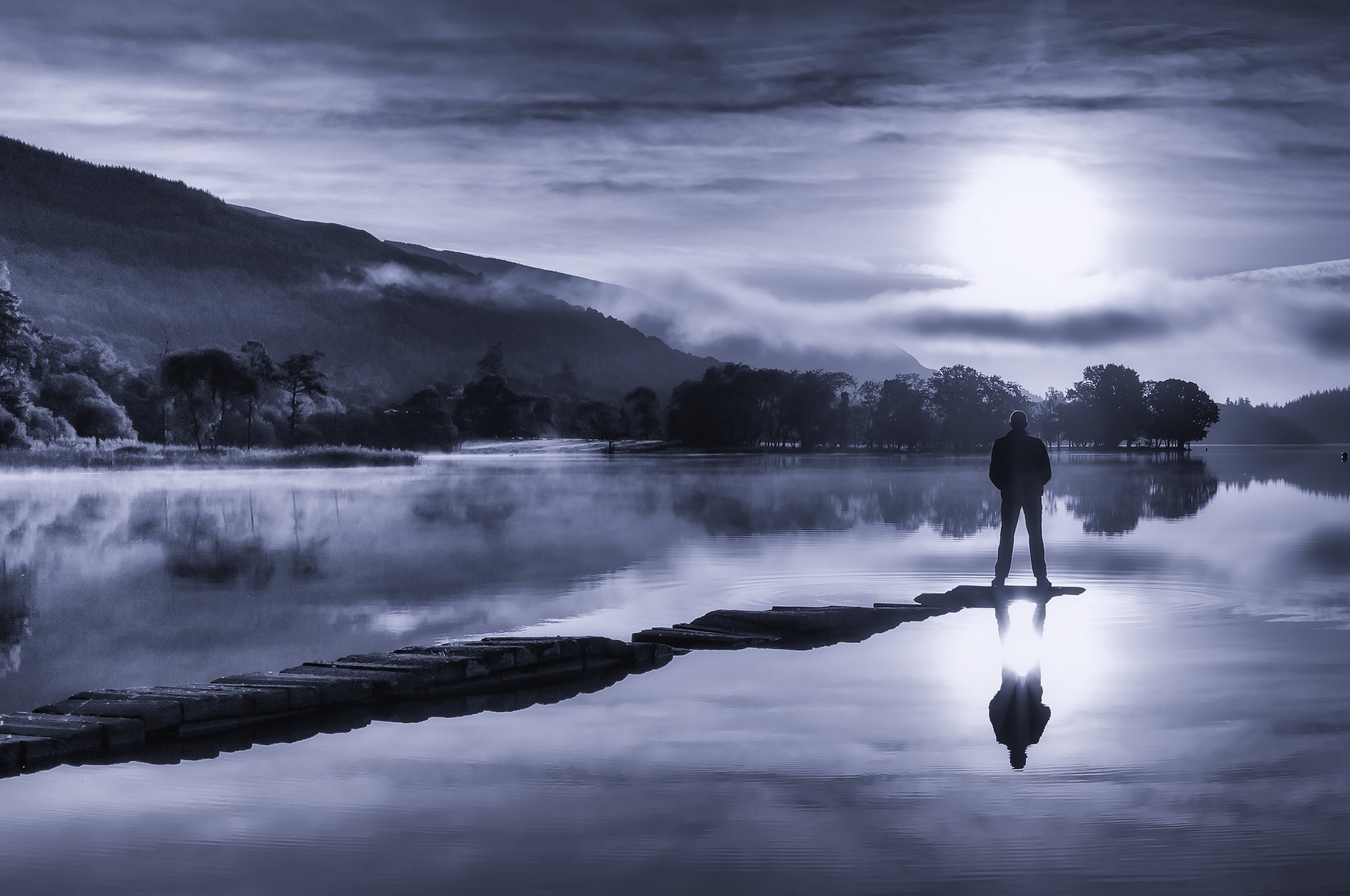 Download 2560x1700 Scotland, Sunrise, Lonely Man, Loch Ard, Dawn, Dark, Lake, Reflection Wallpaper for Chromebook Pixel