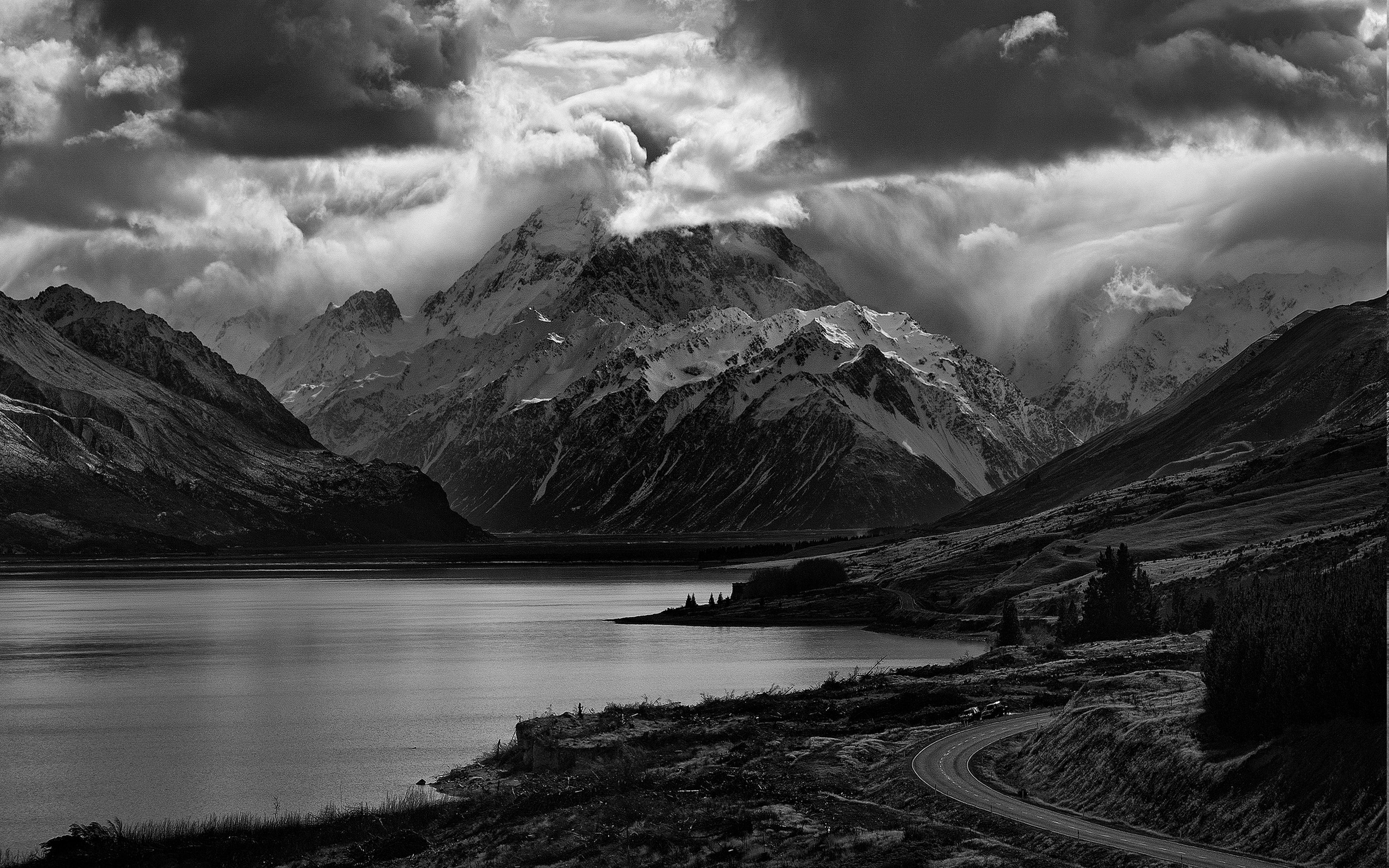 nature, Landscape, Lake, Mountain, Road, Clouds, Monochrome, Scotland, Trees, Snowy Peak, Dark Wallpaper HD / Desktop and Mobile Background