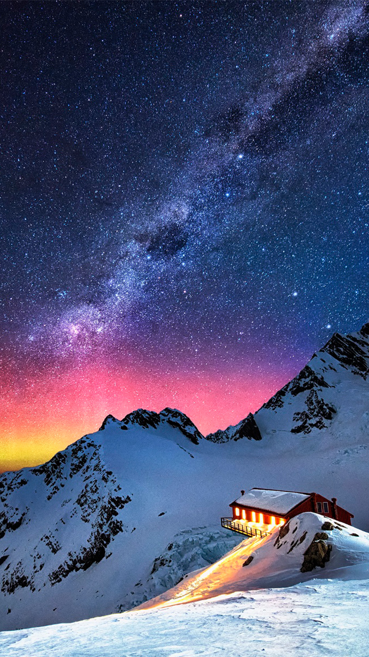 Snow Mountain Chalet Aurora Milky Way Stars iPhone 6 Wallpaper HD