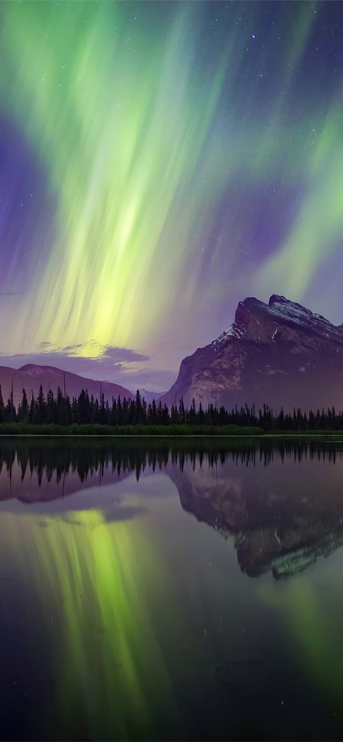 aurora borealis mountains lake reflection banff na. iPhone 12 Wallpaper Free Download