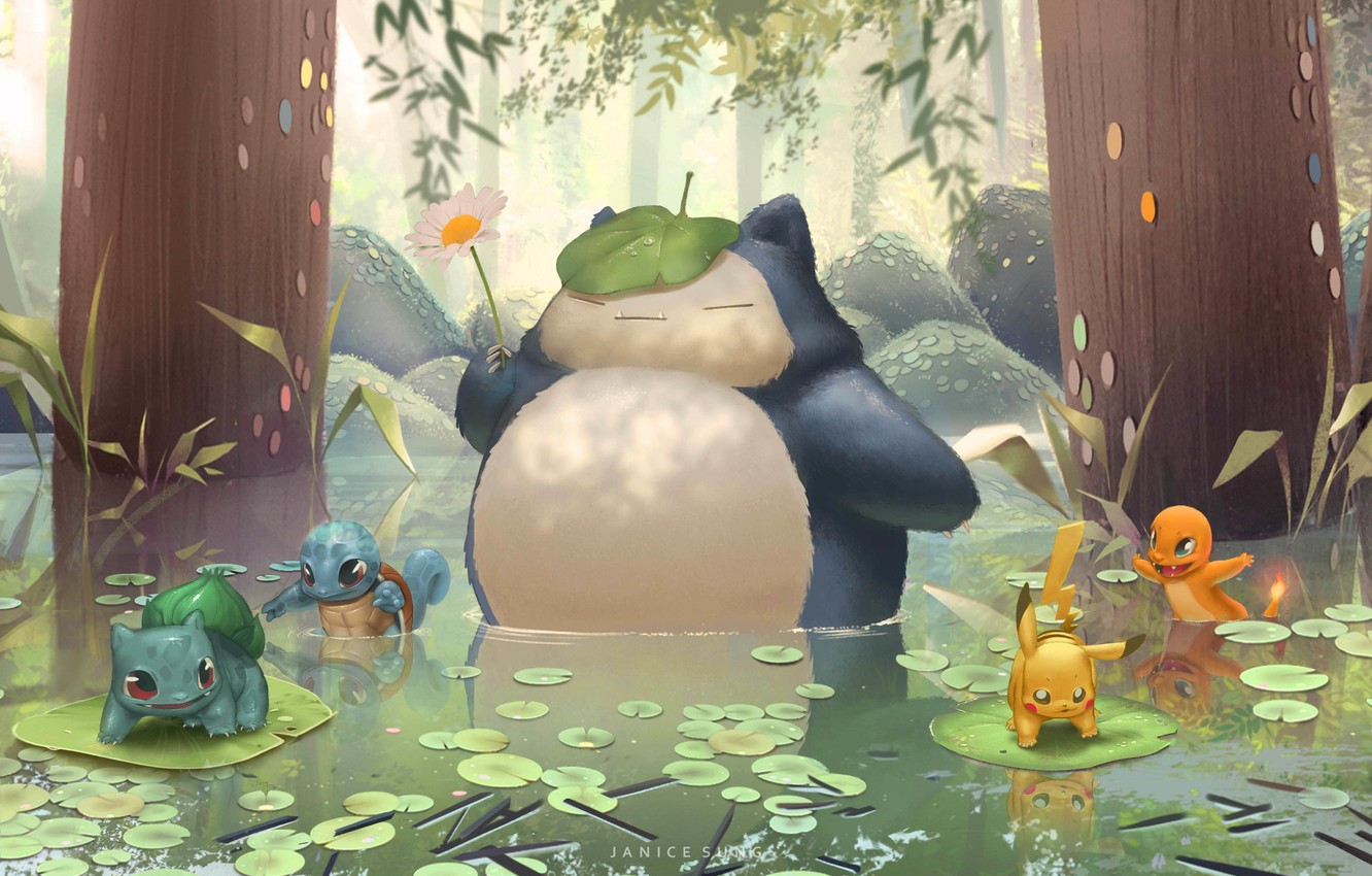 Wallpaper mood, anime, art, pokemon, children's, Janice Sung, My Neighbour Snorlax image for desktop, section кодомо