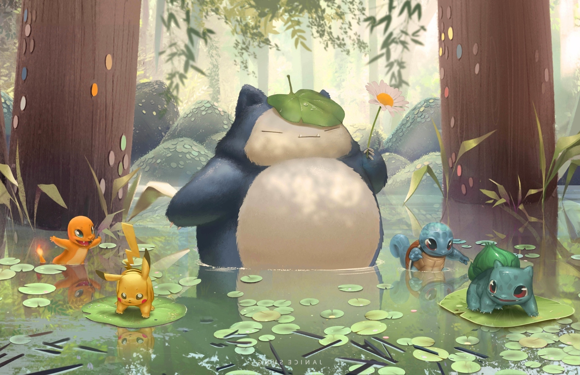 Wallpaper Pokemon, Water, Bulbasaur, Snorlax, Forest, Charmander, Squirtle, Pikachu:1920x1242