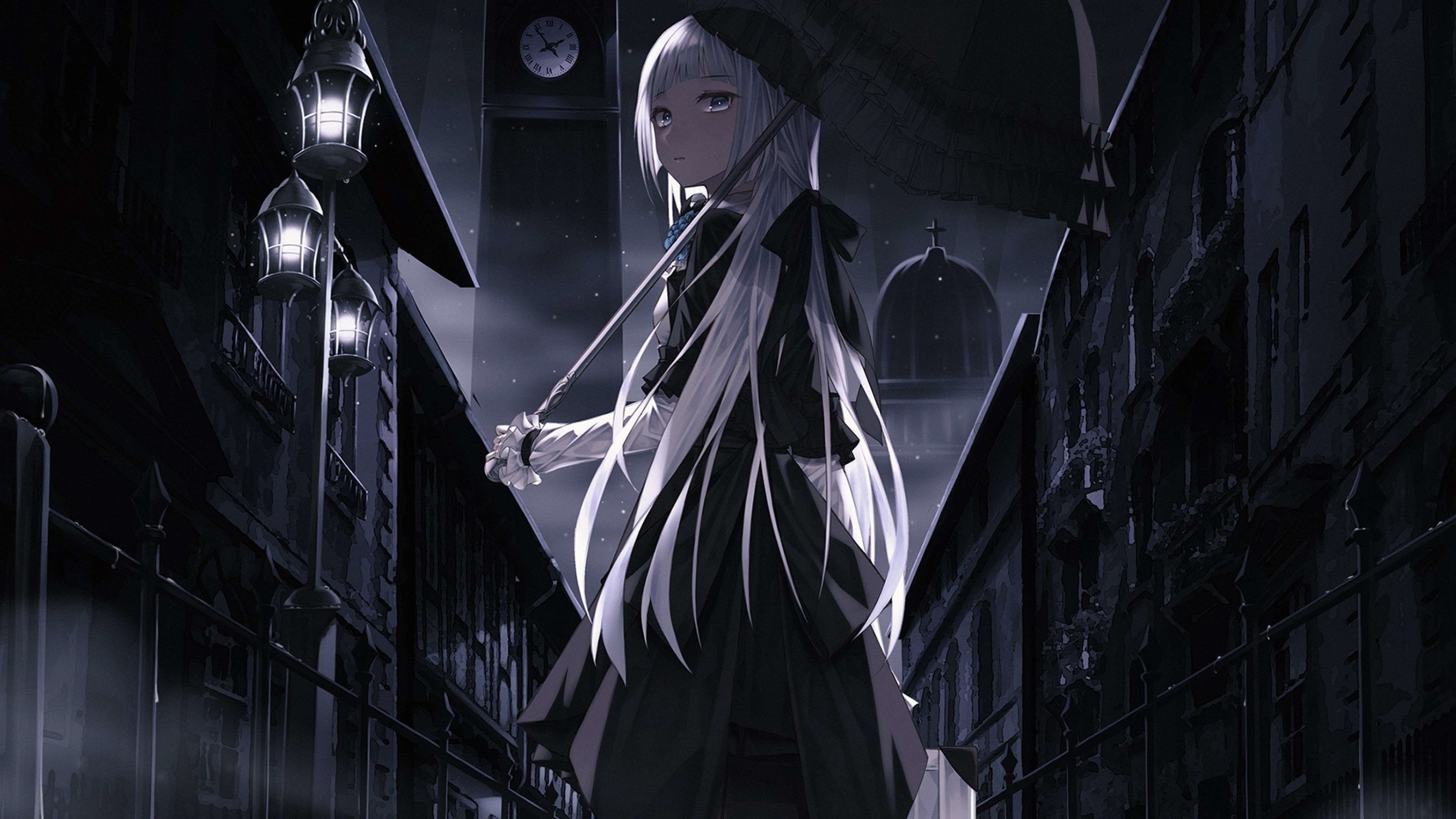4K, anime girls, dark, white hair, umbrella. Mocah HD Wallpaper