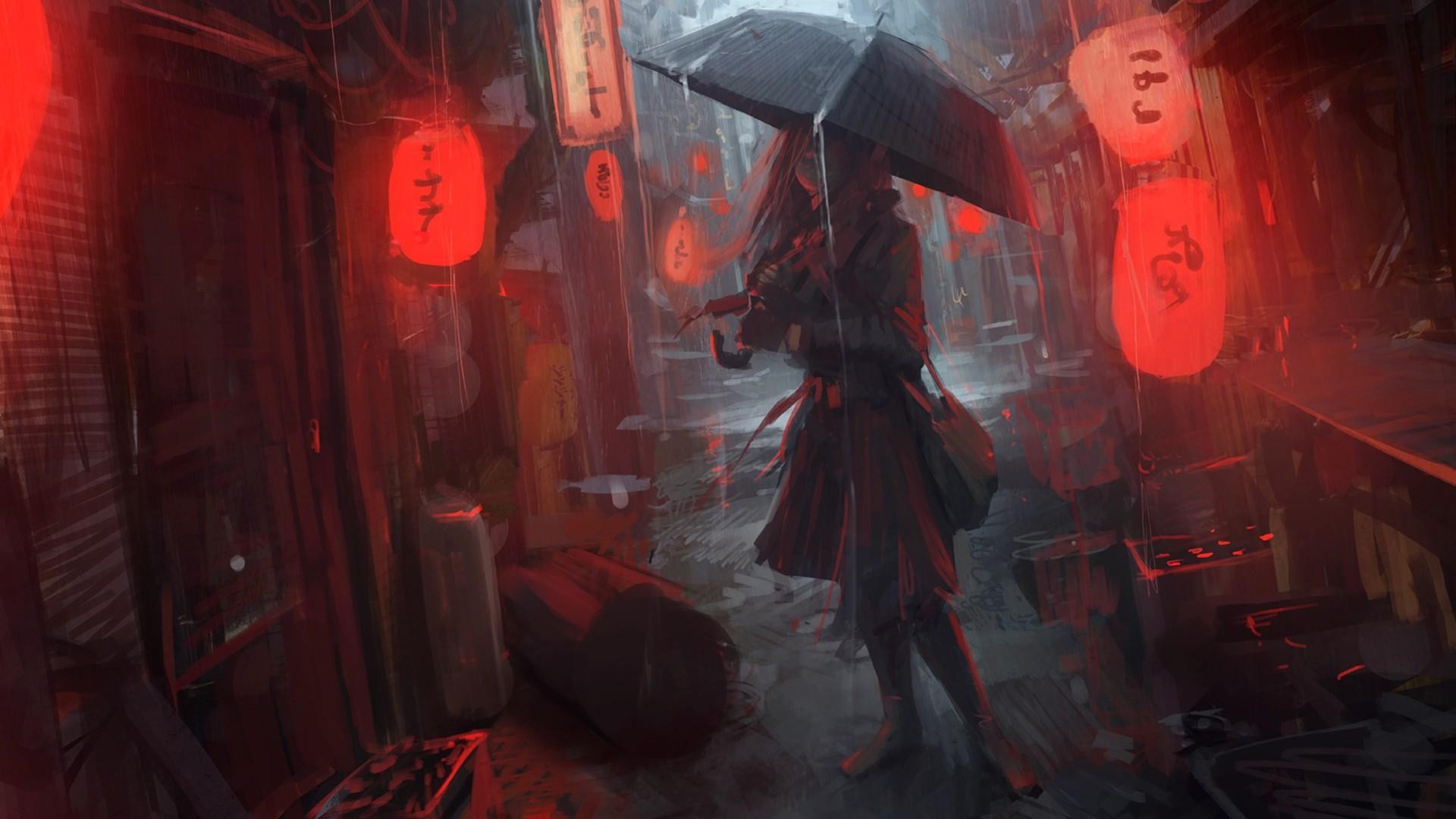 Wallpaper, digital art, cityscape, anime girls, red, rain, artwork, umbrella, lantern, midnight, darkness, screenshot, pc game 1920x1080