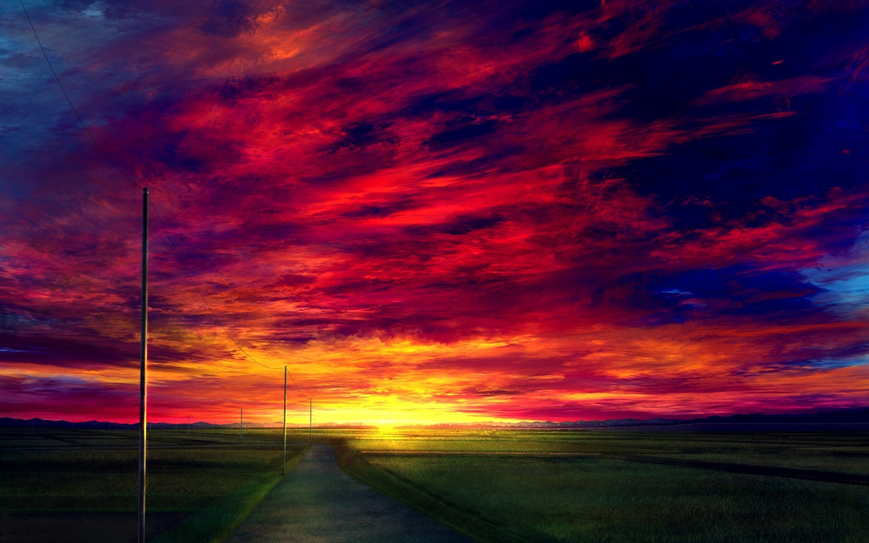 Download 2880x1800 Anime Landscape, Sunset, Red Sky, Realistic, Field, Scenic Wallpaper for MacBook Pro 15 inch