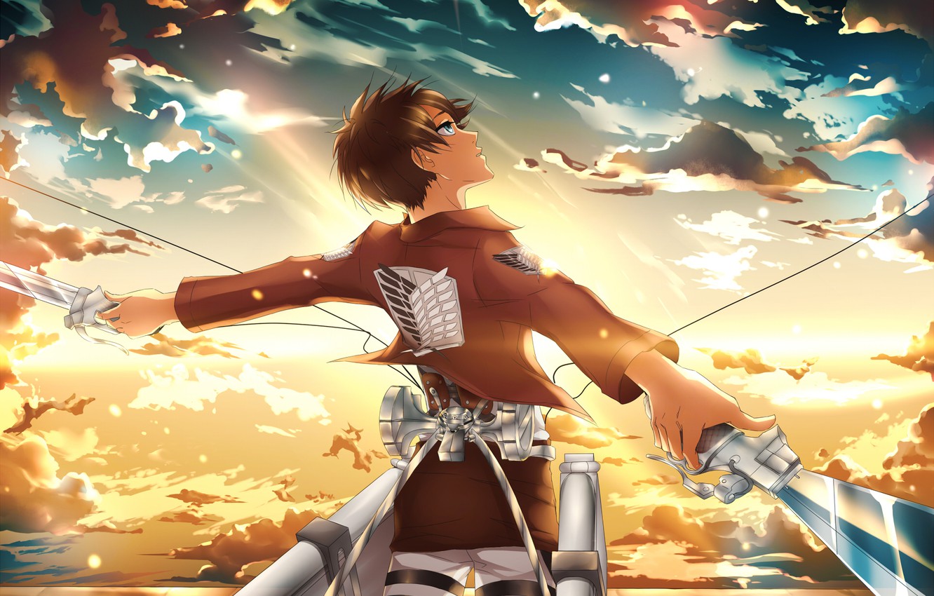 Wallpaper The Sky, Clouds, Sunset, Weapons, Anime, Art, Guy, Swords, Crystalline F, Eren Jaeger, The Invasion Of The Giants, Shingeki No Kyojin Image For Desktop, Section сэйнэн