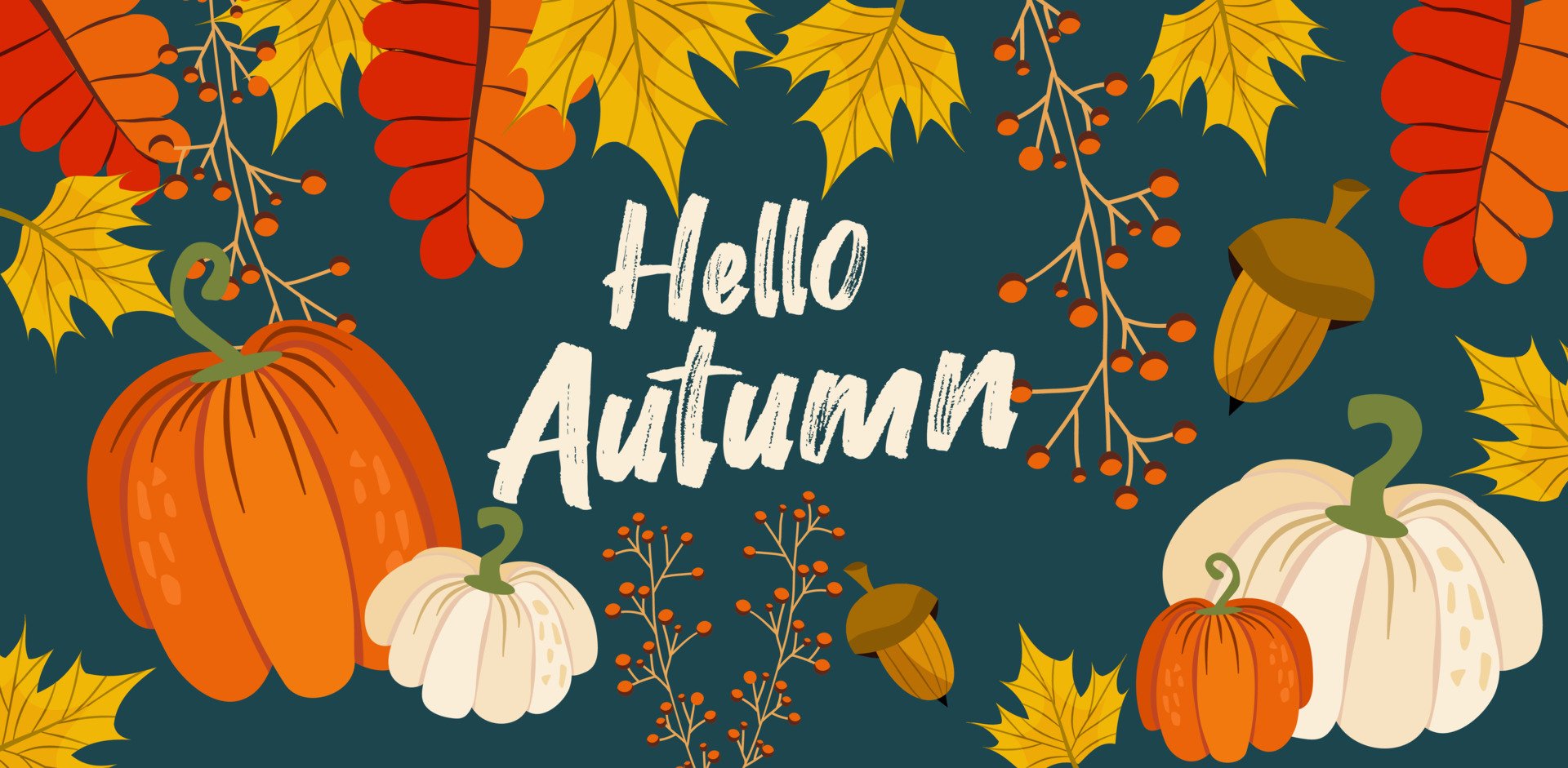 Hello autumn banner or greeting card for the autumn holiday. Pumpkins, inscriptions, leaves and maple, acorn and mountain ash on a dark background in a flat style. Vector seasonal illustration. Vector