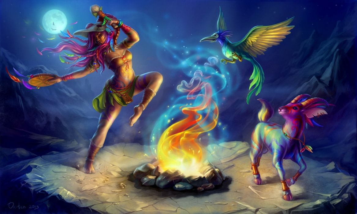 Magical animals Fire Moon Night Fantasy Girls wallpaperx1152