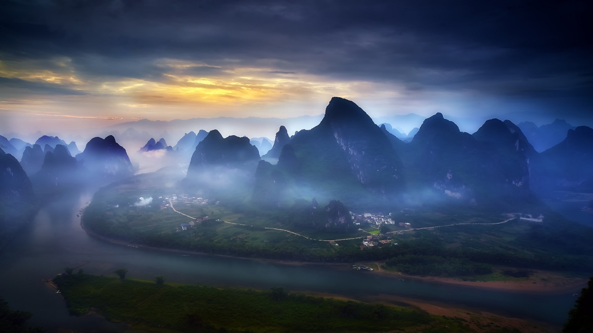nature landscape mountain river mist road sunrise sky town field blue guilin china wallpaper. Mocah HD Wallpaper