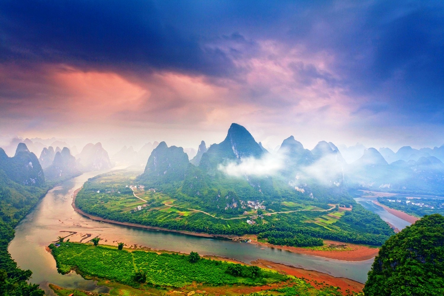 nature, Landscape, Sunrise, Mist, Mountain, River, Clouds, Guilin, China, Village, Field, Road, Morning, Sky Wallpaper HD / Desktop and Mobile Background