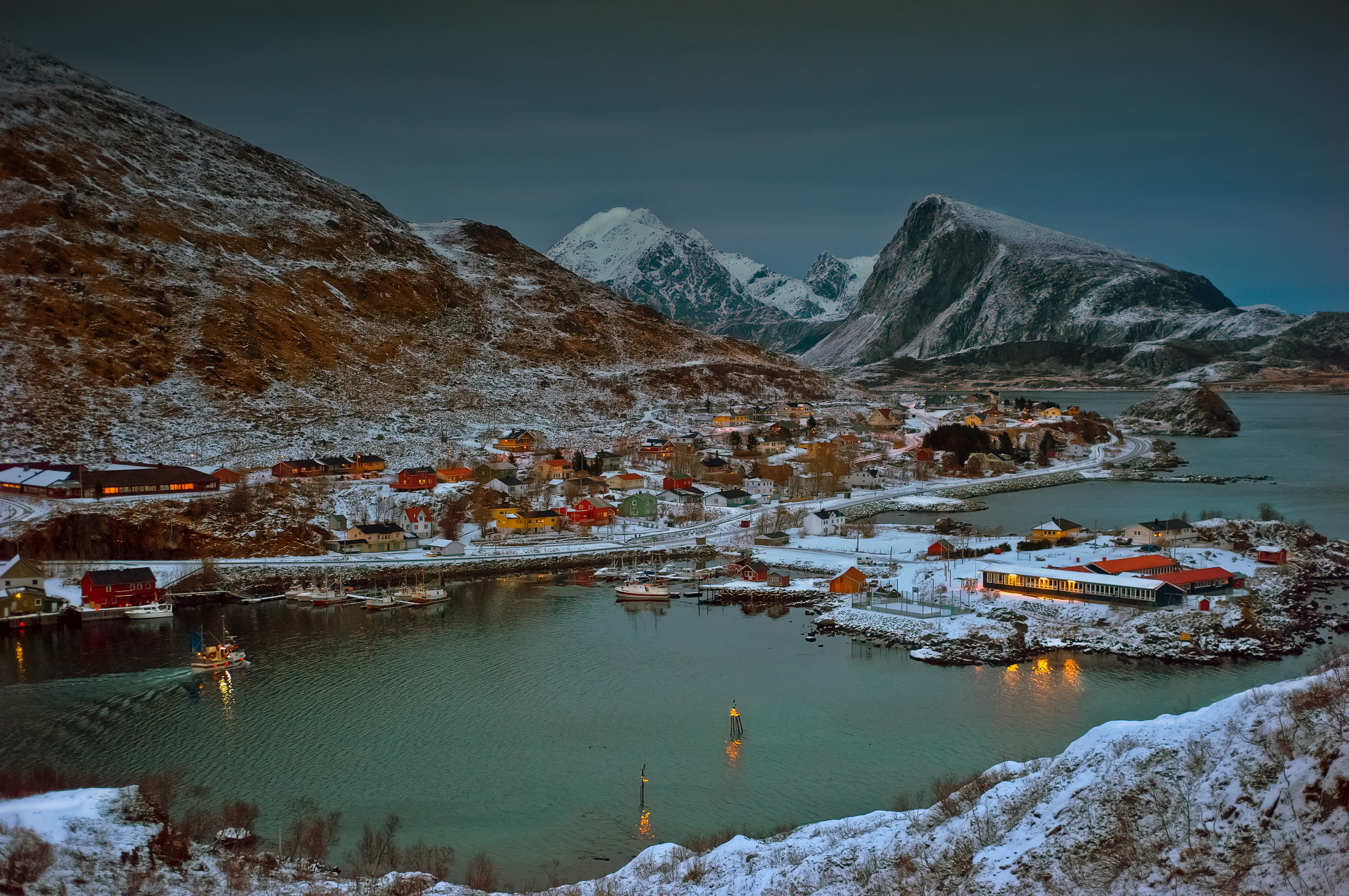norway, Mountains, Lofoten, Snow, Cities, Winter, Mountains, Town, Buildings, Lake Wallpaper HD / Desktop and Mobile Background