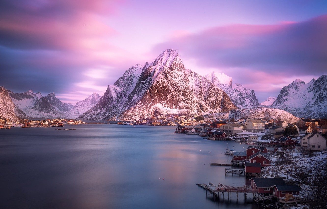 Wallpaper winter, mountains, mountain, Norway, town, settlement, the village, the fjord image for desktop, section пейзажи