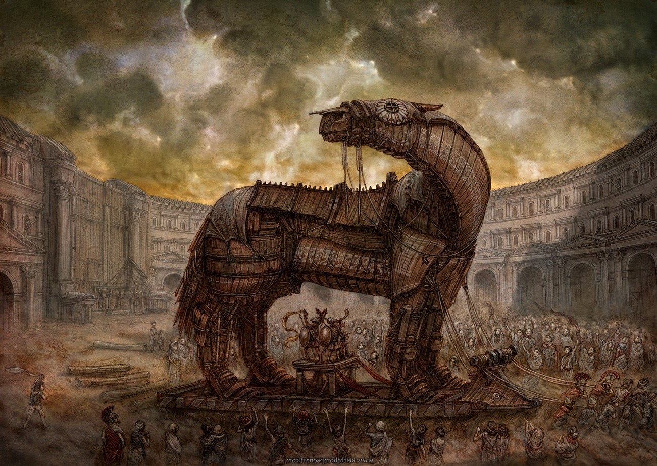 workers mongols ancient old horse building clouds artwork fantasy art statue weapon looking at cards wood architecture trojan horse Wallpaper HD / Desktop and Mobile Background