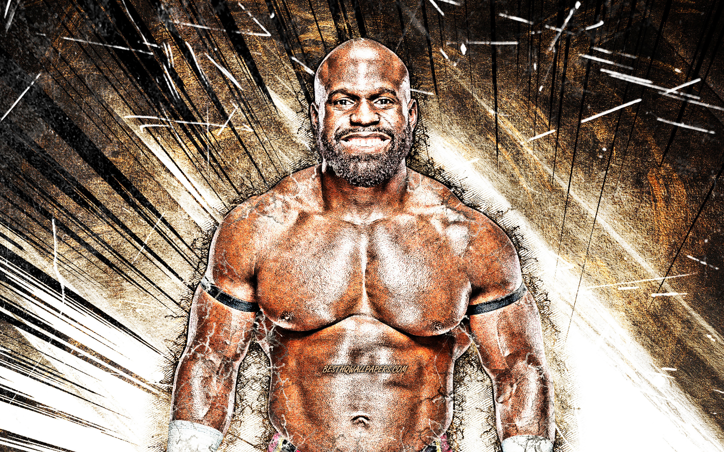Download wallpaper Apollo Crews, WWE, grunge art, american wrestlers, wrestling, brown abstract rays, Sesugh Uhaa, wrestlers for desktop with resolution 2880x1800. High Quality HD picture wallpaper
