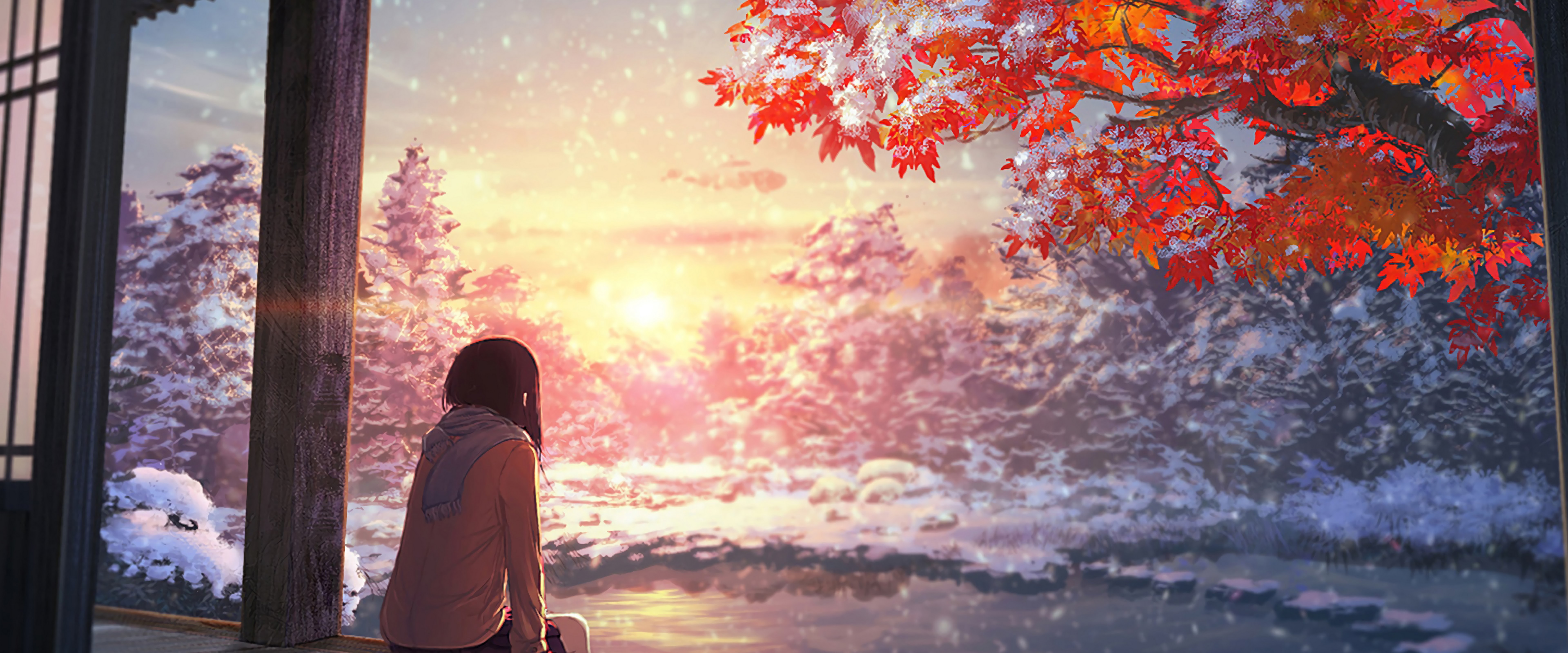 Anime Scenery Autumn Sunset 4K Wallpaper
